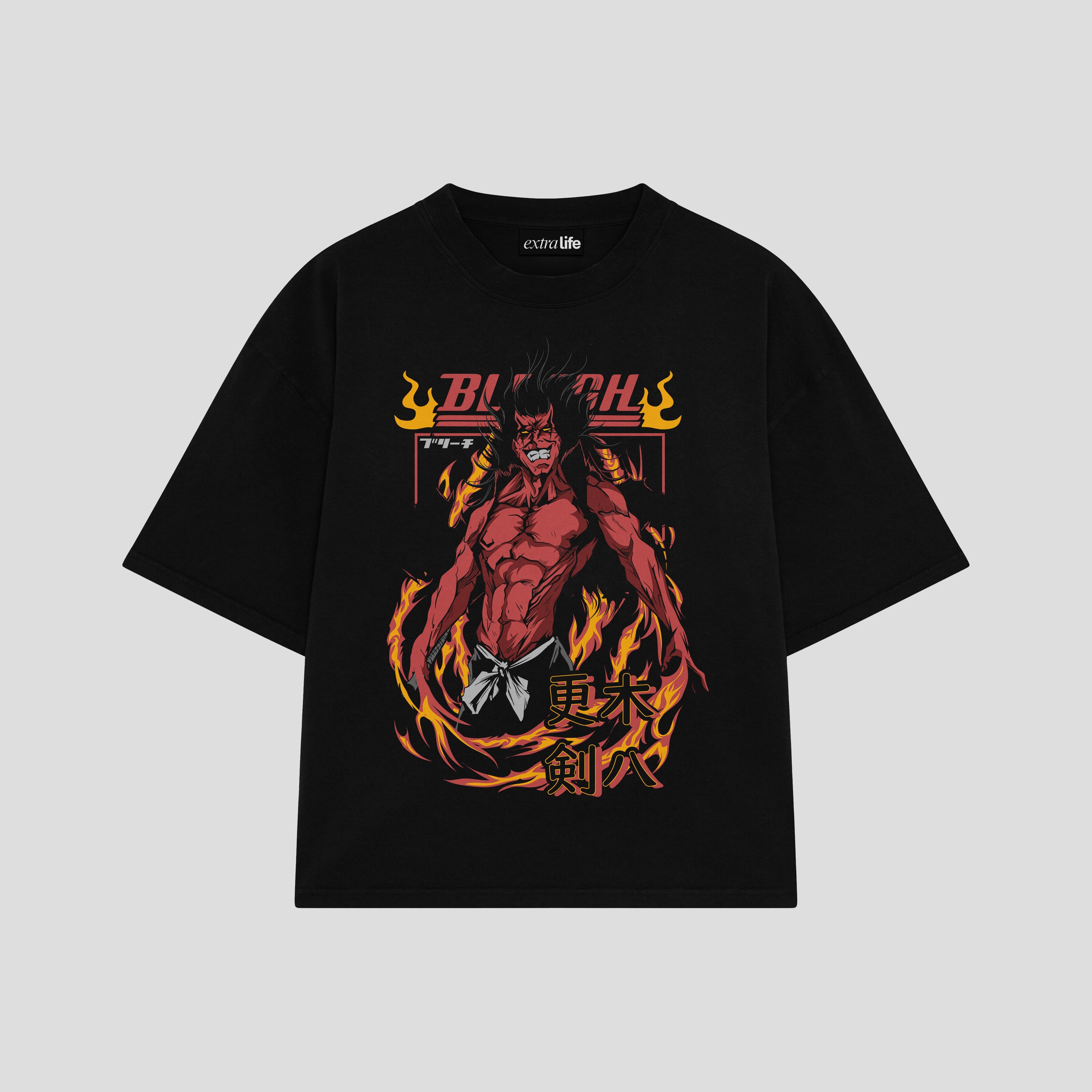 Playera streetwear premium de anime y gaming ExtraLife MX, corte boxy oversized drop shoulder heavyweight en color Deep Black y Off-White, moda urbana mexicana de culto.