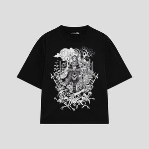 Playera streetwear premium de anime y gaming ExtraLife MX, corte boxy oversized drop shoulder heavyweight en color Deep Black y Off-White, moda urbana mexicana de culto.