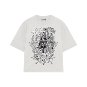 Playera streetwear premium de anime y gaming ExtraLife MX, corte boxy oversized drop shoulder heavyweight en color Deep Black y Off-White, moda urbana mexicana de culto.