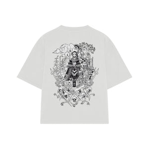 Playera streetwear premium de anime y gaming ExtraLife MX, corte boxy oversized drop shoulder heavyweight en color Deep Black y Off-White, moda urbana mexicana de culto.