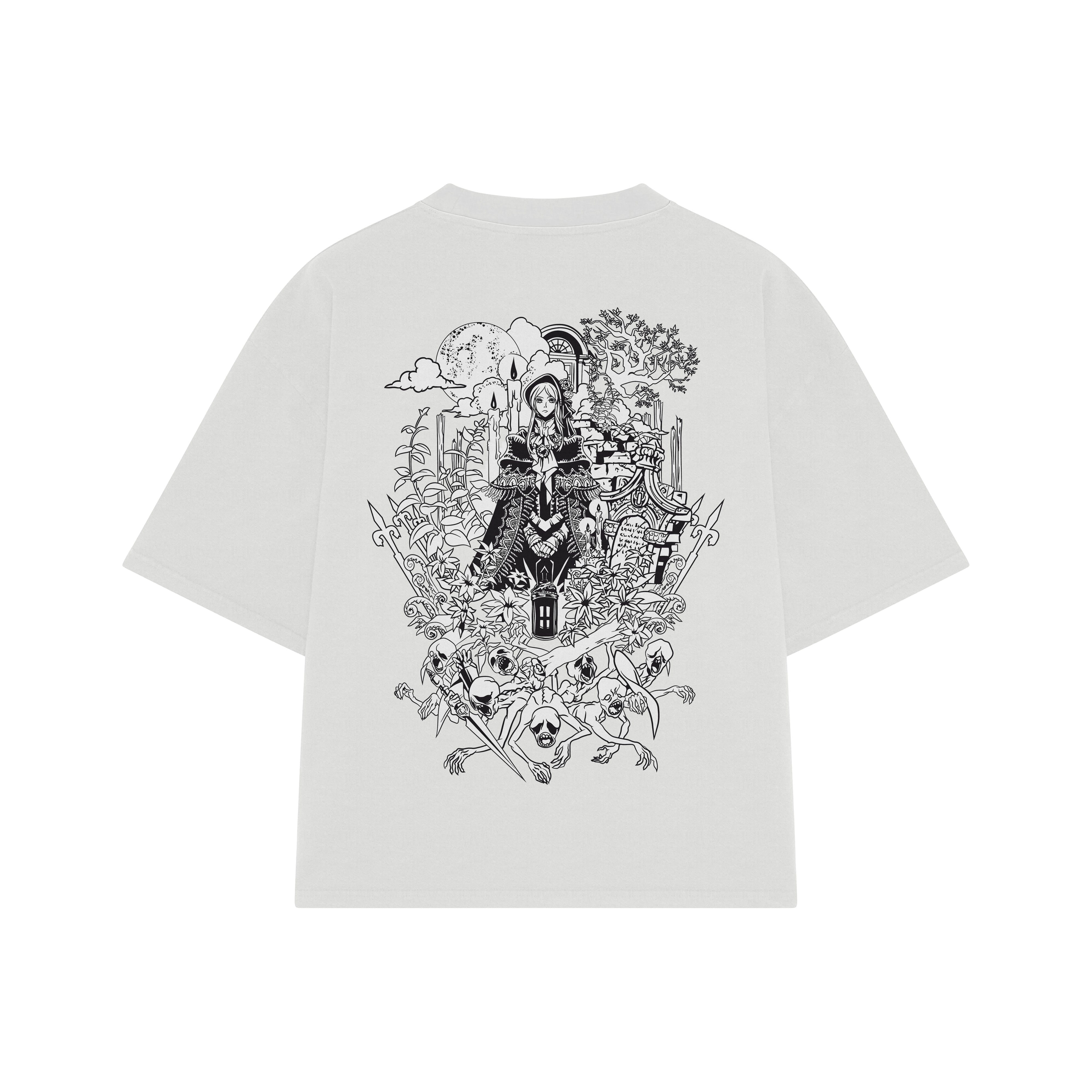 Playera streetwear premium de anime y gaming ExtraLife MX, corte boxy oversized drop shoulder heavyweight en color Deep Black y Off-White, moda urbana mexicana de culto.