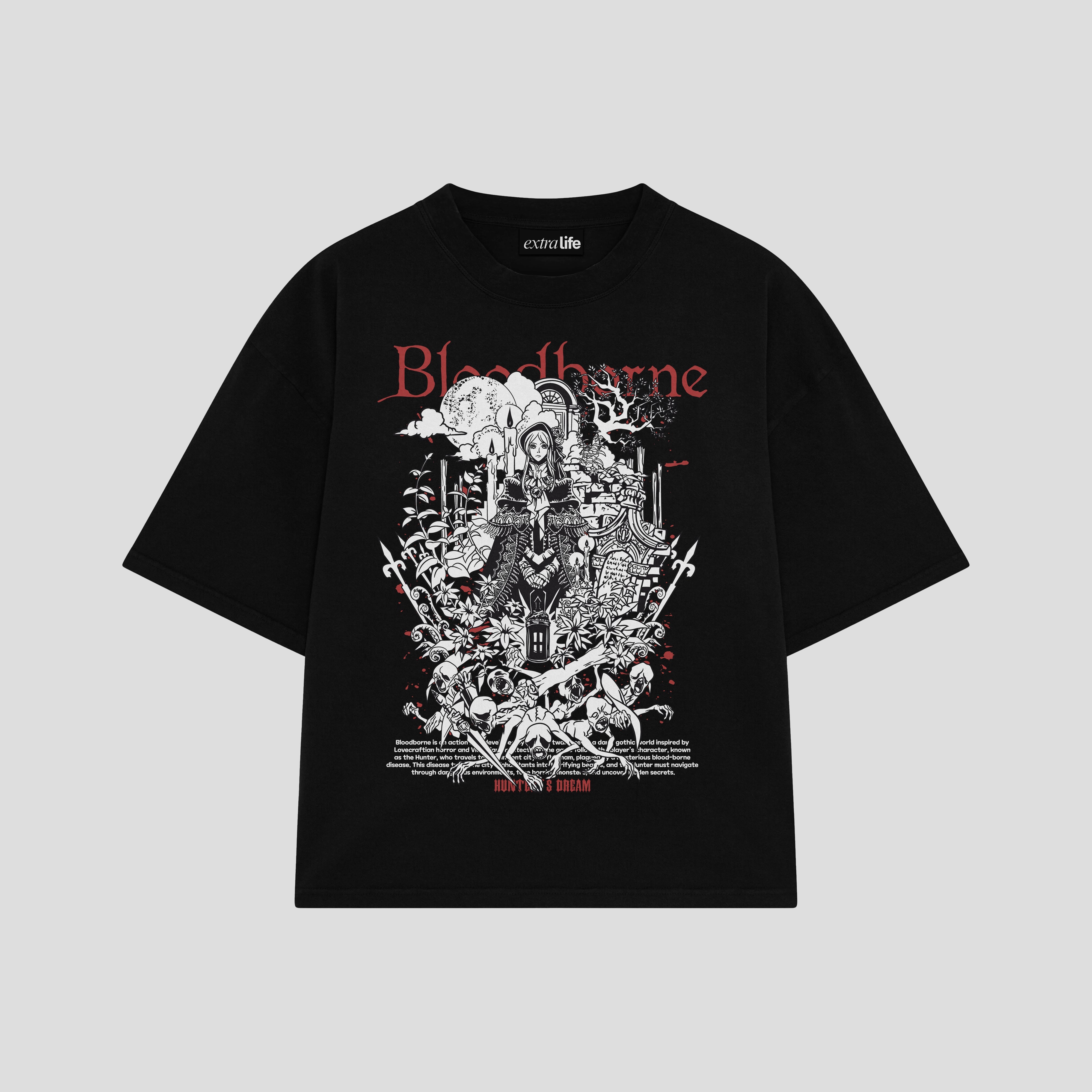 Playera streetwear premium de anime y gaming ExtraLife MX, corte boxy oversized drop shoulder heavyweight en color Deep Black y Off-White, moda urbana mexicana de culto.