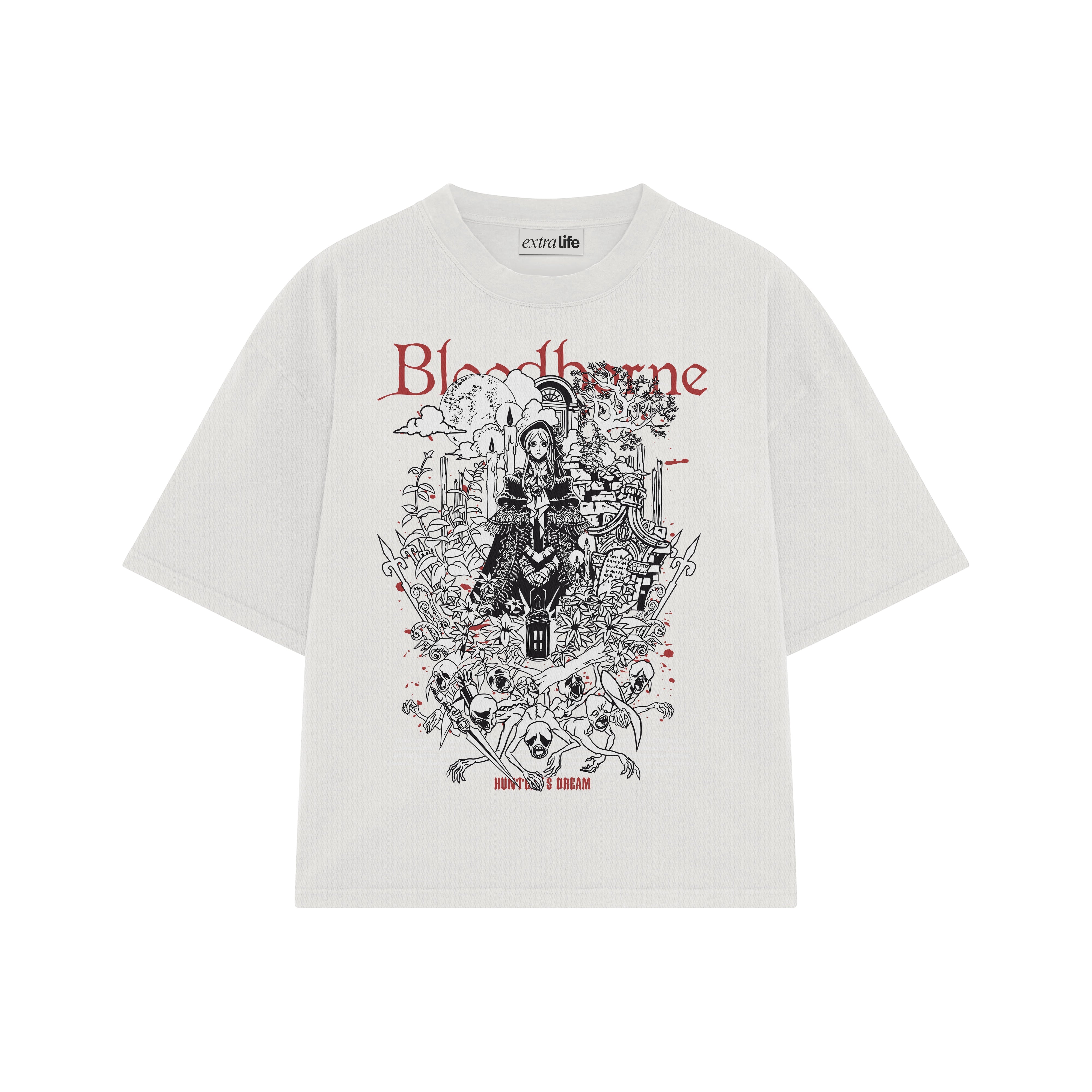 Playera streetwear premium de anime y gaming ExtraLife MX, corte boxy oversized drop shoulder heavyweight en color Deep Black y Off-White, moda urbana mexicana de culto.