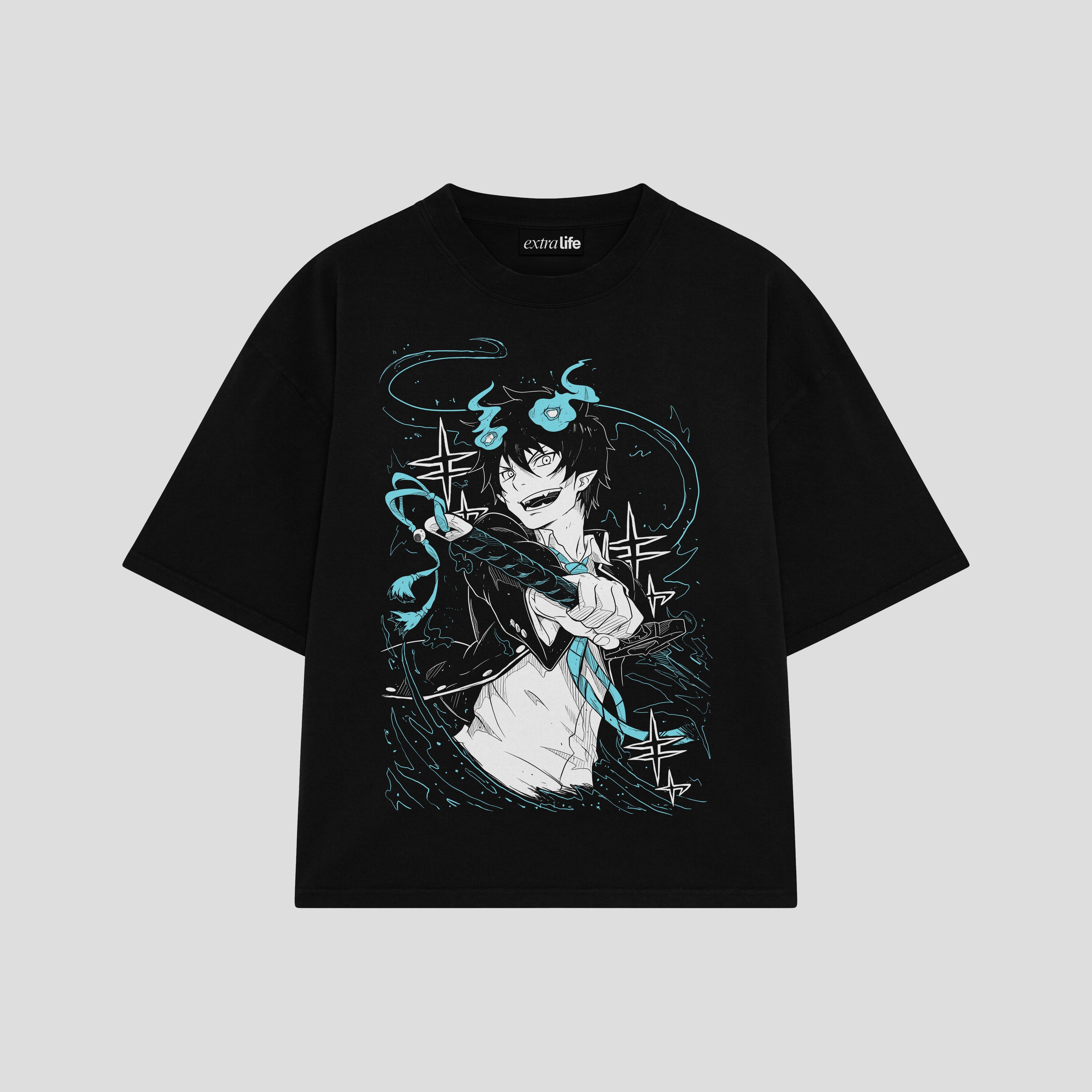 Playera streetwear premium de anime y gaming ExtraLife MX, corte boxy oversized drop shoulder heavyweight en color Deep Black y Off-White, moda urbana mexicana de culto.