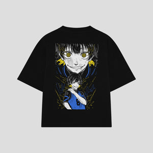Playera streetwear premium de anime y gaming ExtraLife MX, corte boxy oversized drop shoulder heavyweight en color Deep Black y Off-White, moda urbana mexicana de culto.