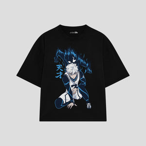 Playera streetwear premium de anime y gaming ExtraLife MX, corte boxy oversized drop shoulder heavyweight en color Deep Black y Off-White, moda urbana mexicana de culto.