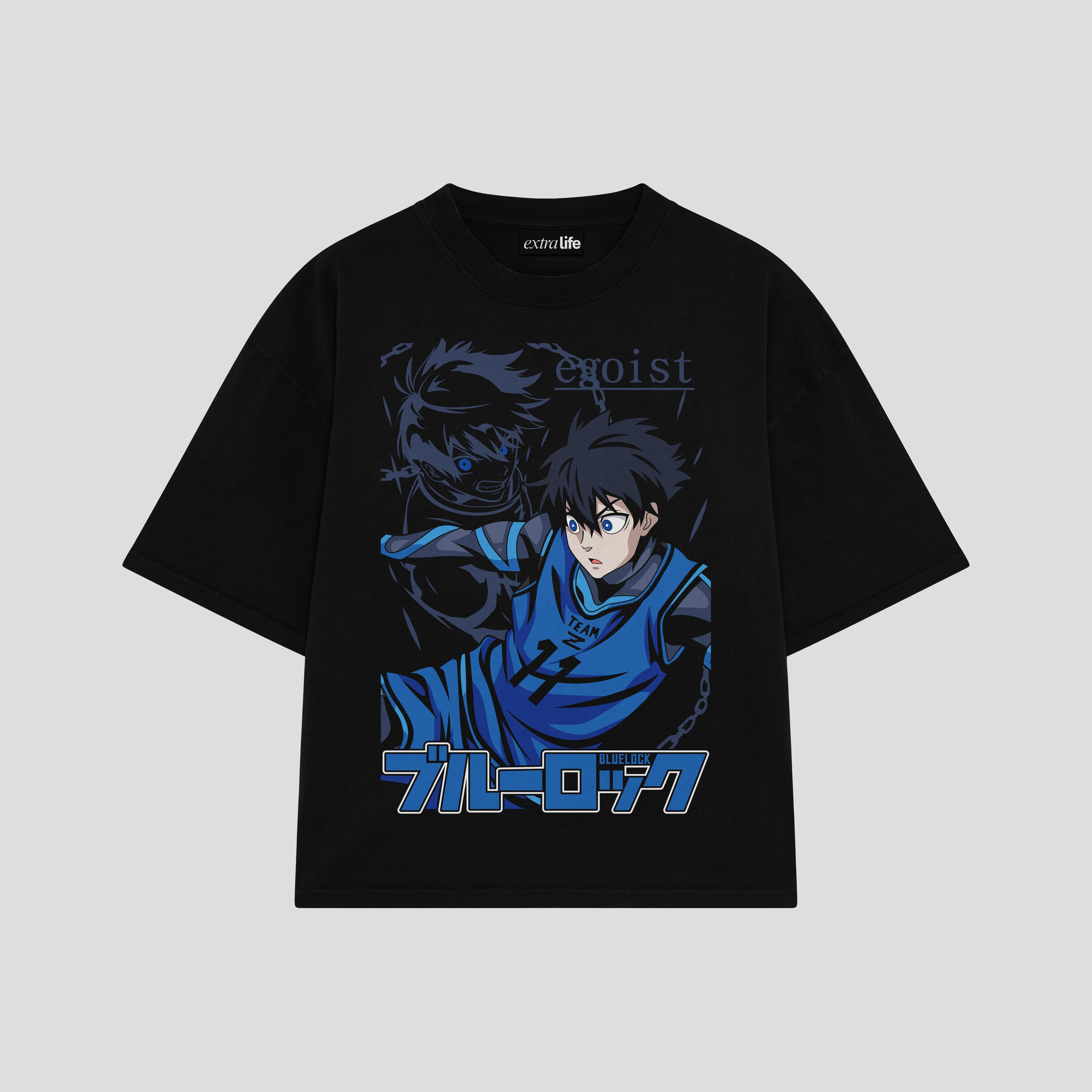 Playera streetwear premium de anime y gaming ExtraLife MX, corte boxy oversized drop shoulder heavyweight en color Deep Black y Off-White, moda urbana mexicana de culto.