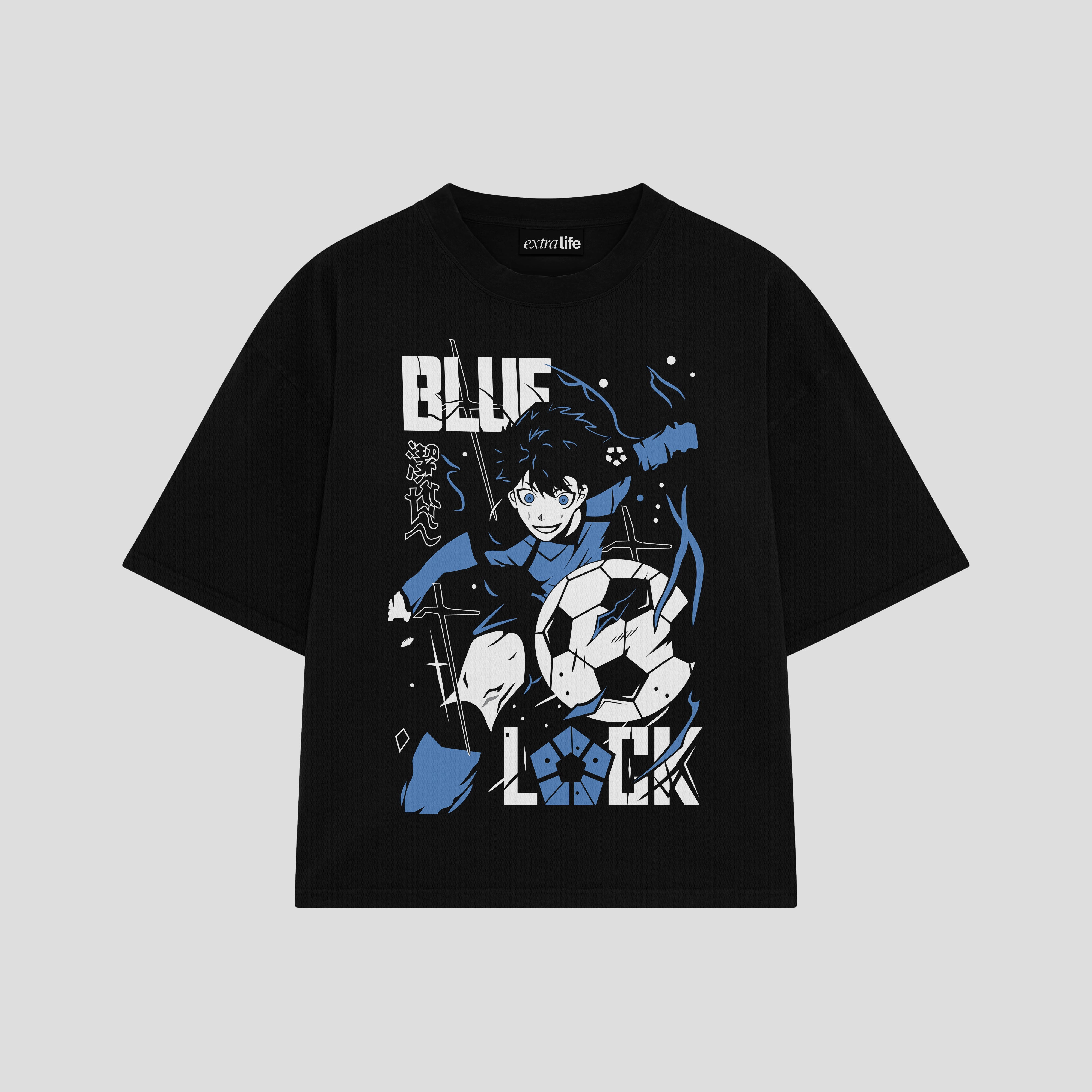 Playera streetwear premium de anime y gaming ExtraLife MX, corte boxy oversized drop shoulder heavyweight en color Deep Black y Off-White, moda urbana mexicana de culto.