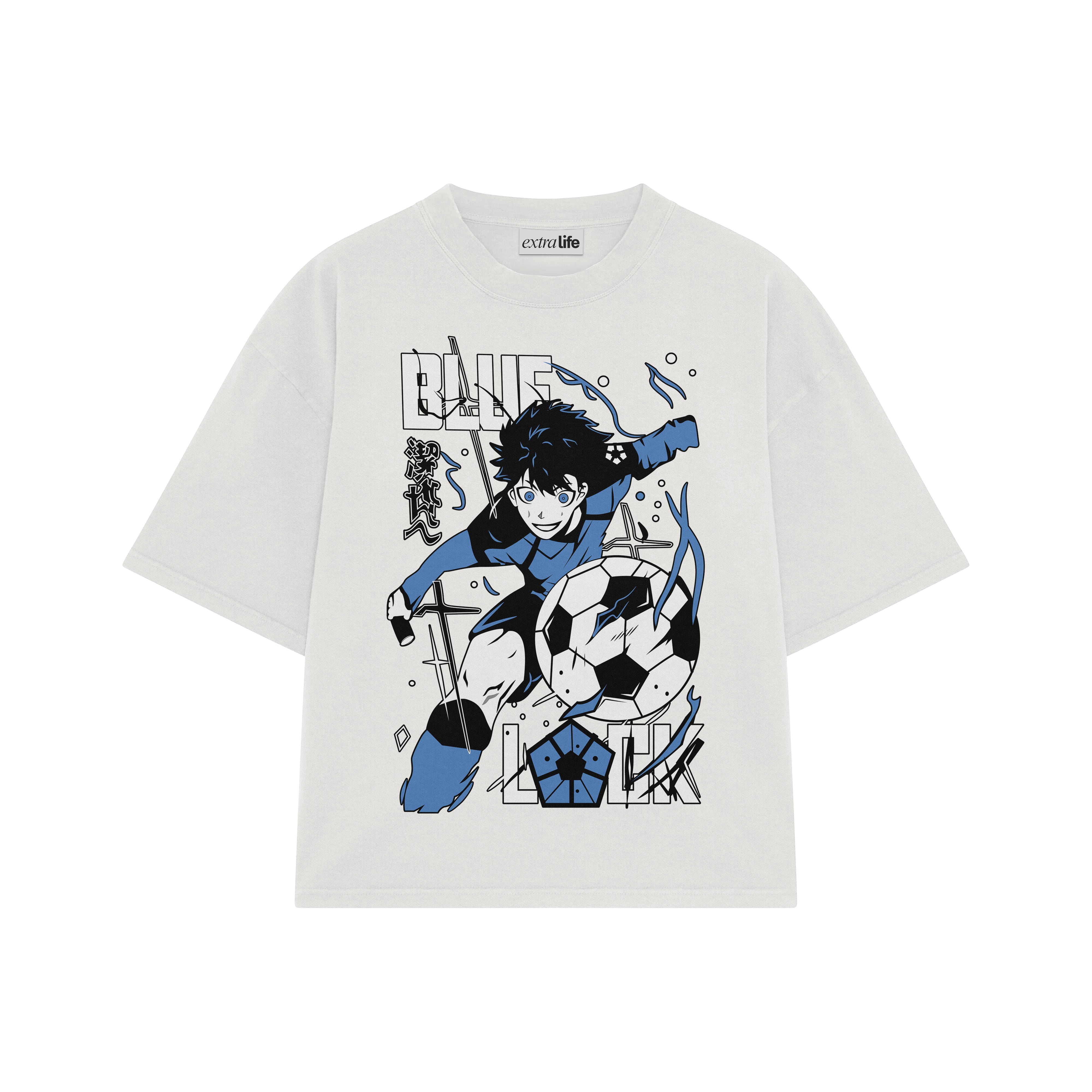 Playera streetwear premium de anime y gaming ExtraLife MX, corte boxy oversized drop shoulder heavyweight en color Deep Black y Off-White, moda urbana mexicana de culto.