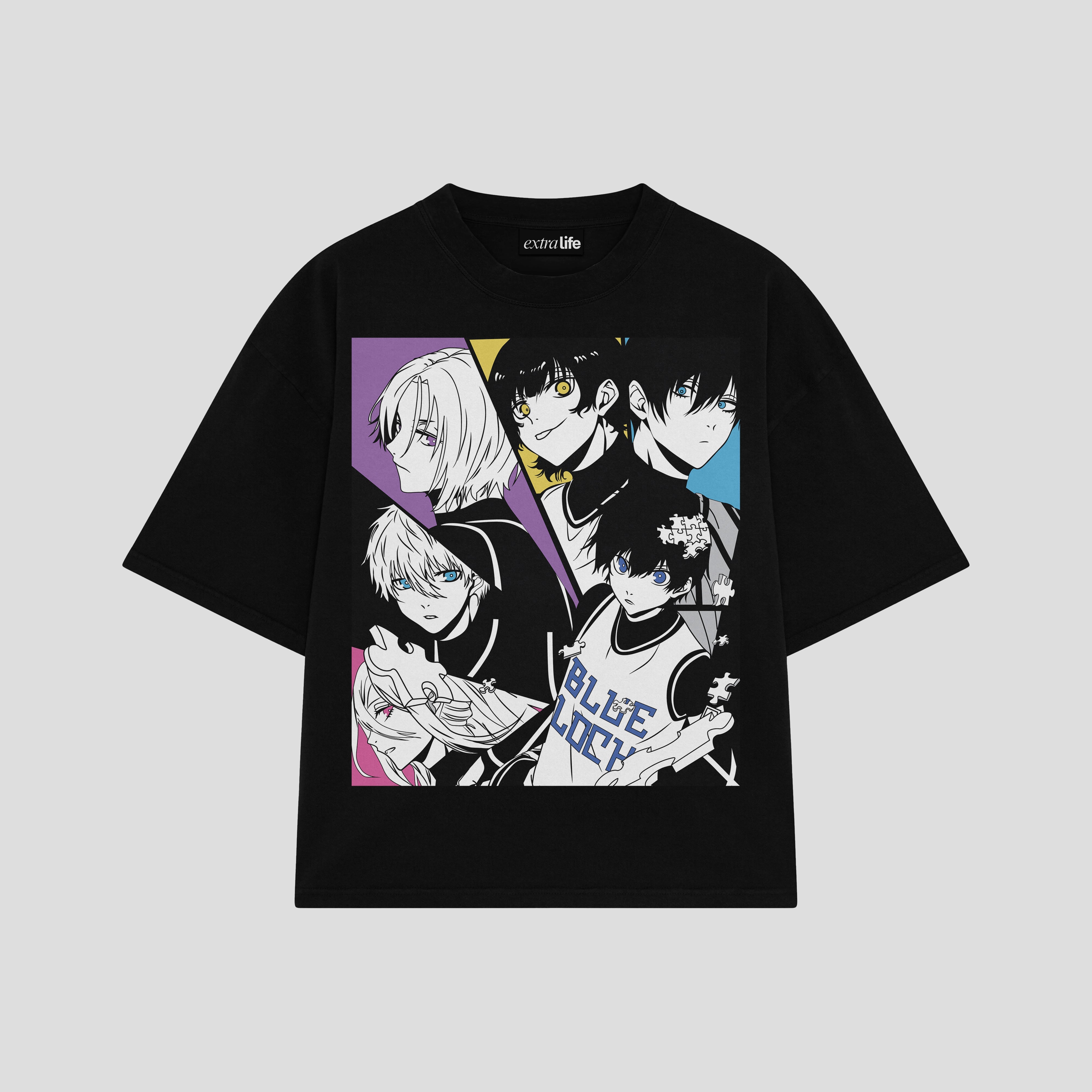 Playera streetwear premium de anime y gaming ExtraLife MX, corte boxy oversized drop shoulder heavyweight en color Deep Black y Off-White, moda urbana mexicana de culto.