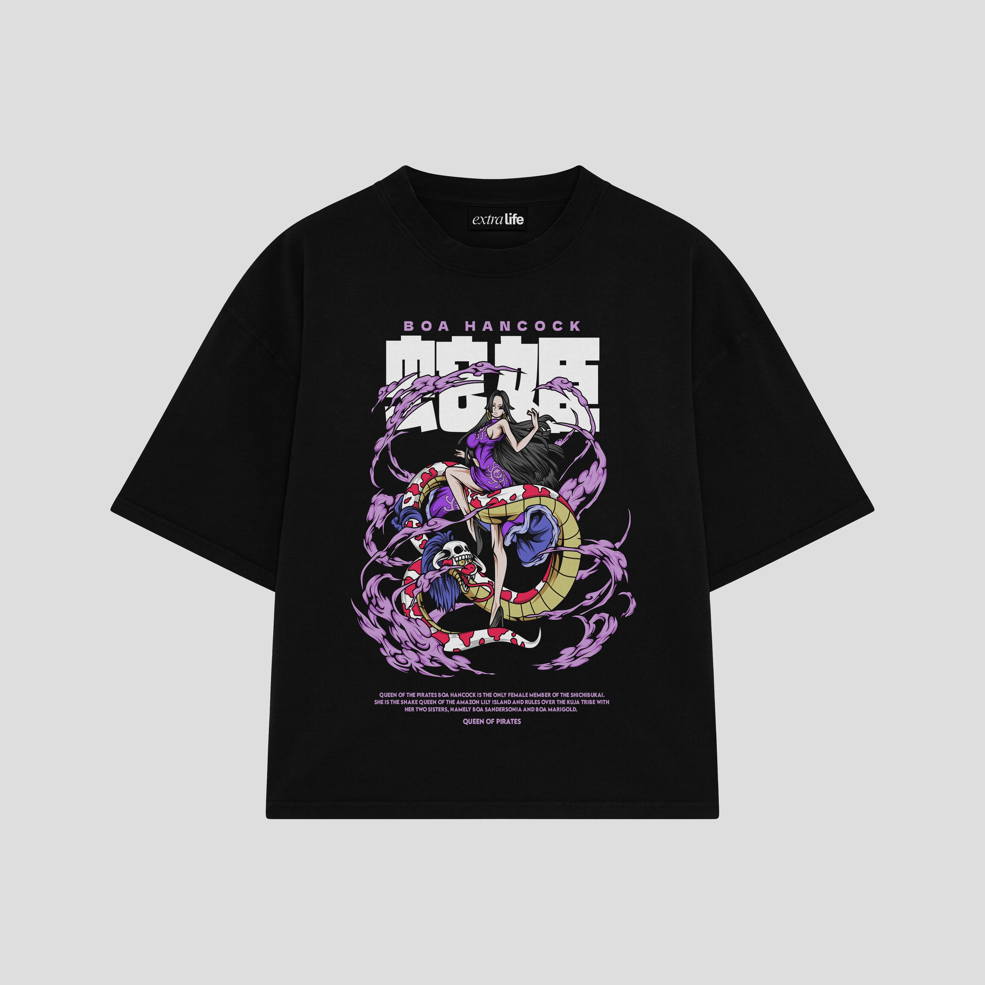 Playera streetwear premium de anime y gaming ExtraLife MX, corte boxy oversized drop shoulder heavyweight en color Deep Black y Off-White, moda urbana mexicana de culto.