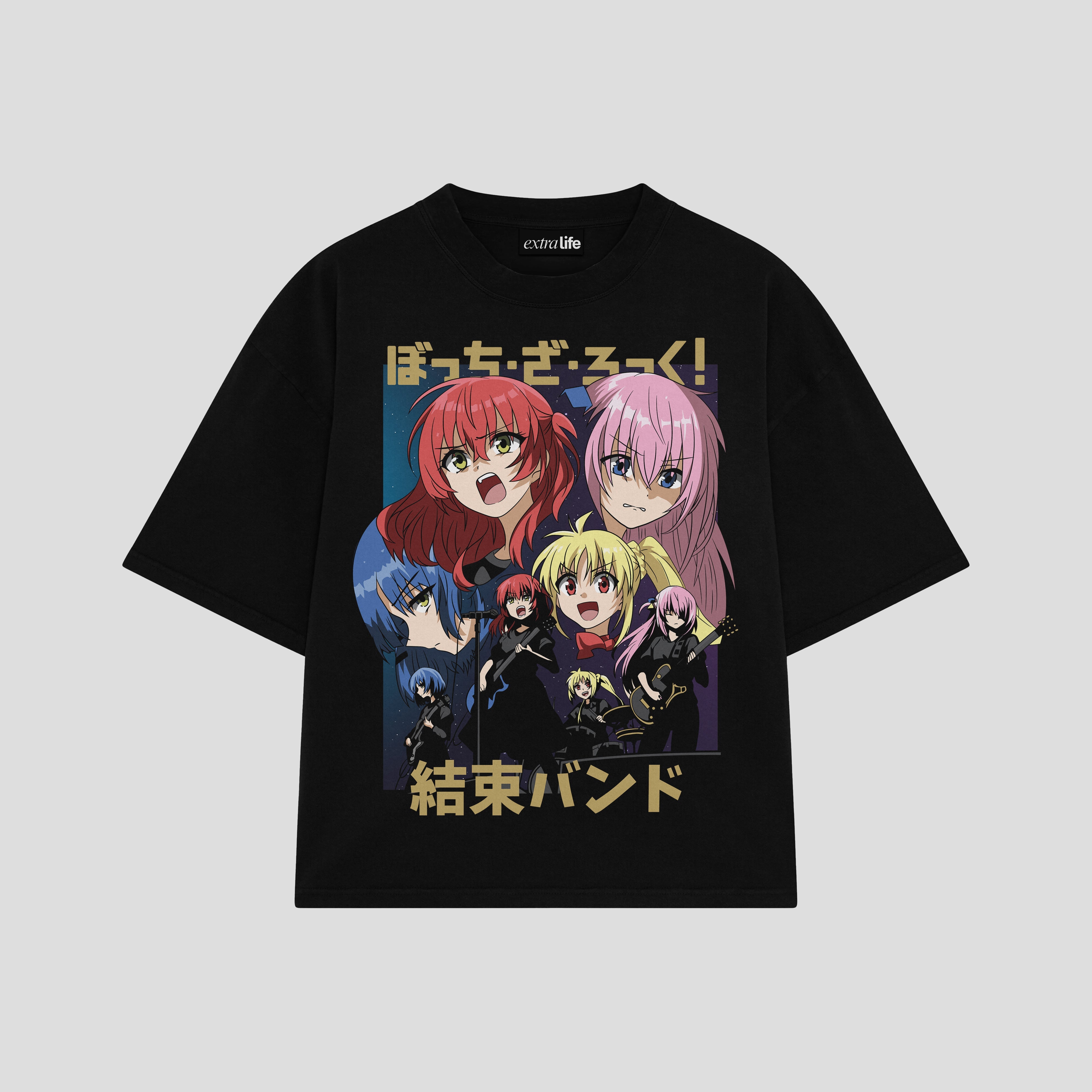 Playera streetwear premium de anime y gaming ExtraLife MX, corte boxy oversized drop shoulder heavyweight en color Deep Black y Off-White, moda urbana mexicana de culto.