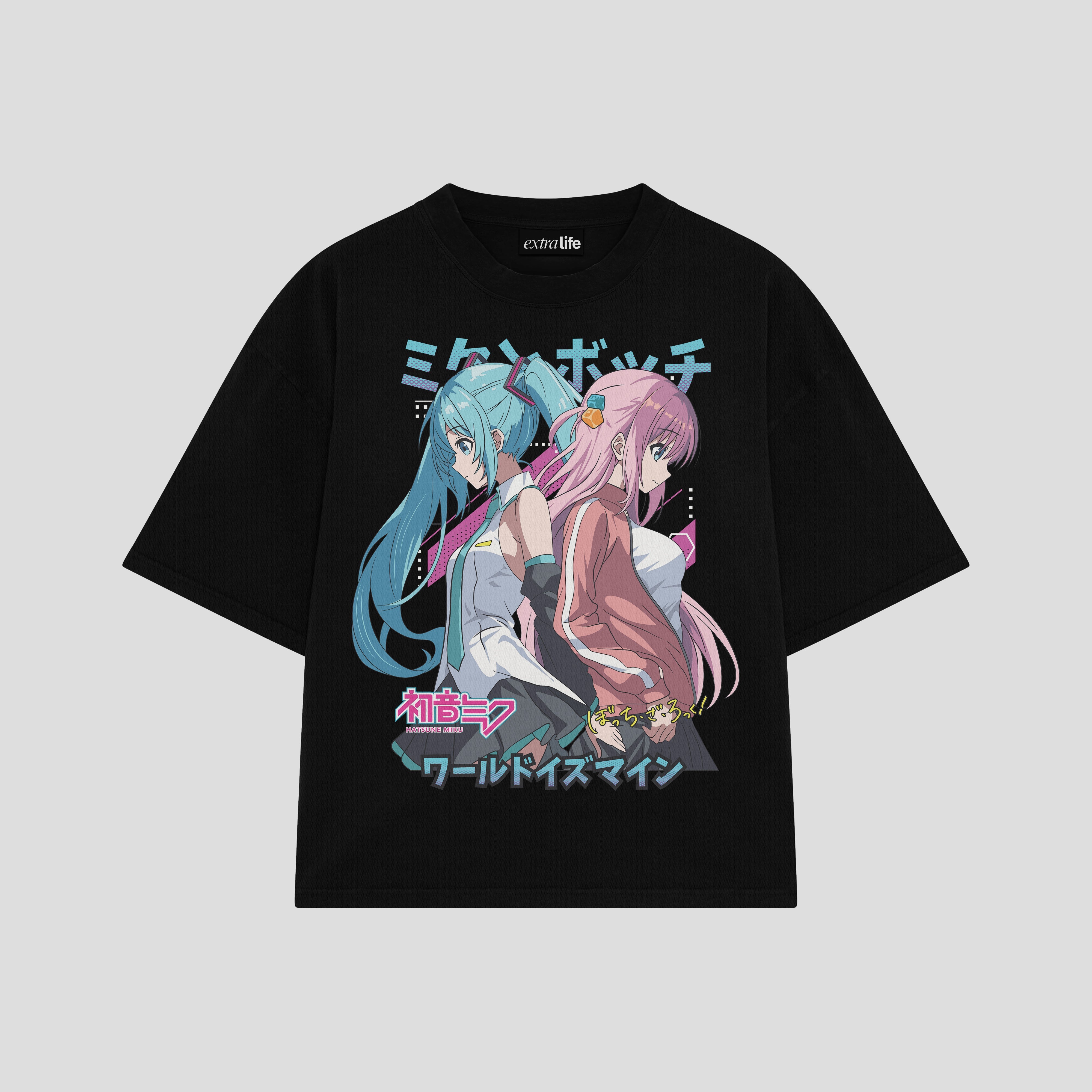Playera streetwear premium de anime y gaming ExtraLife MX, corte boxy oversized drop shoulder heavyweight en color Deep Black y Off-White, moda urbana mexicana de culto.
