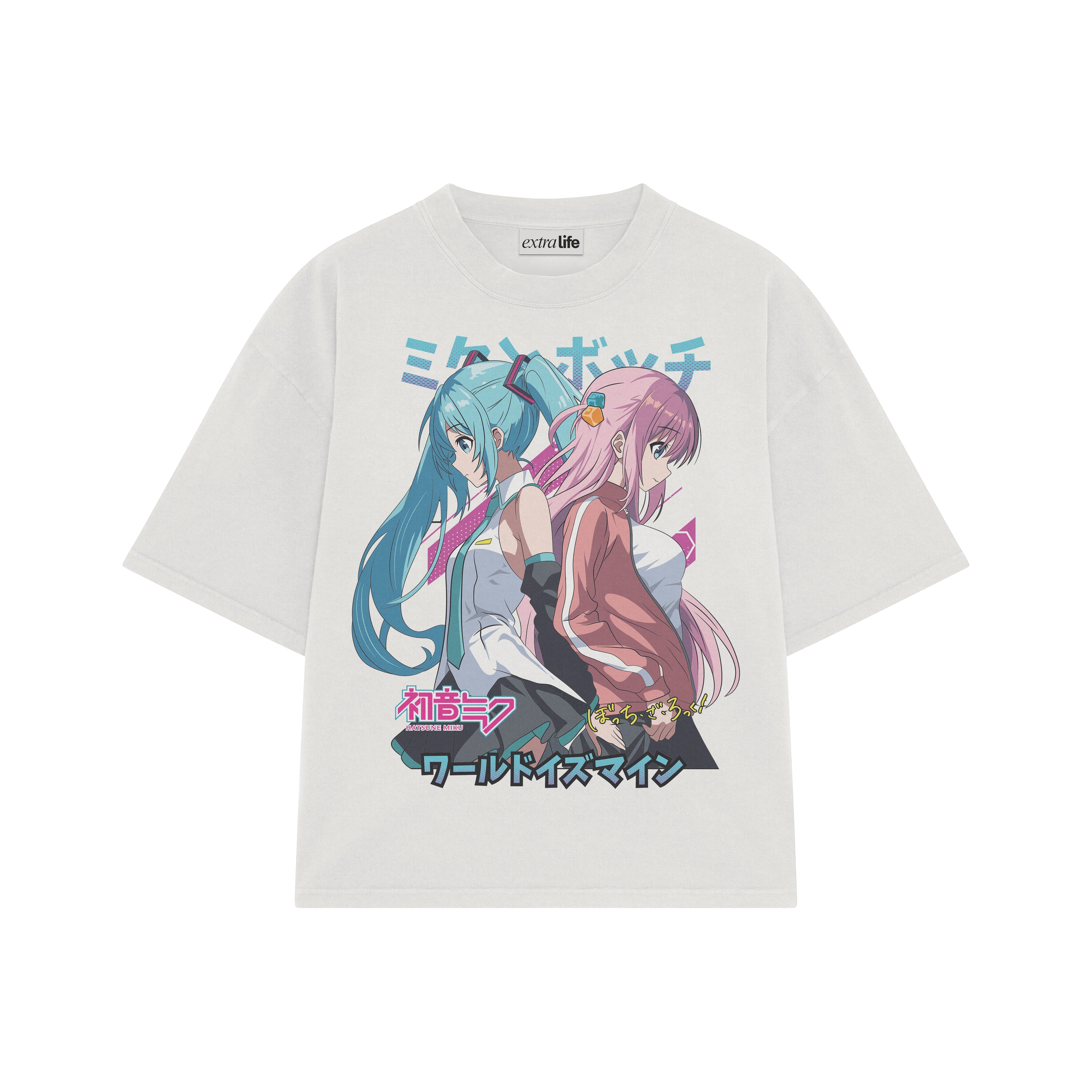 Playera streetwear premium de anime y gaming ExtraLife MX, corte boxy oversized drop shoulder heavyweight en color Deep Black y Off-White, moda urbana mexicana de culto.
