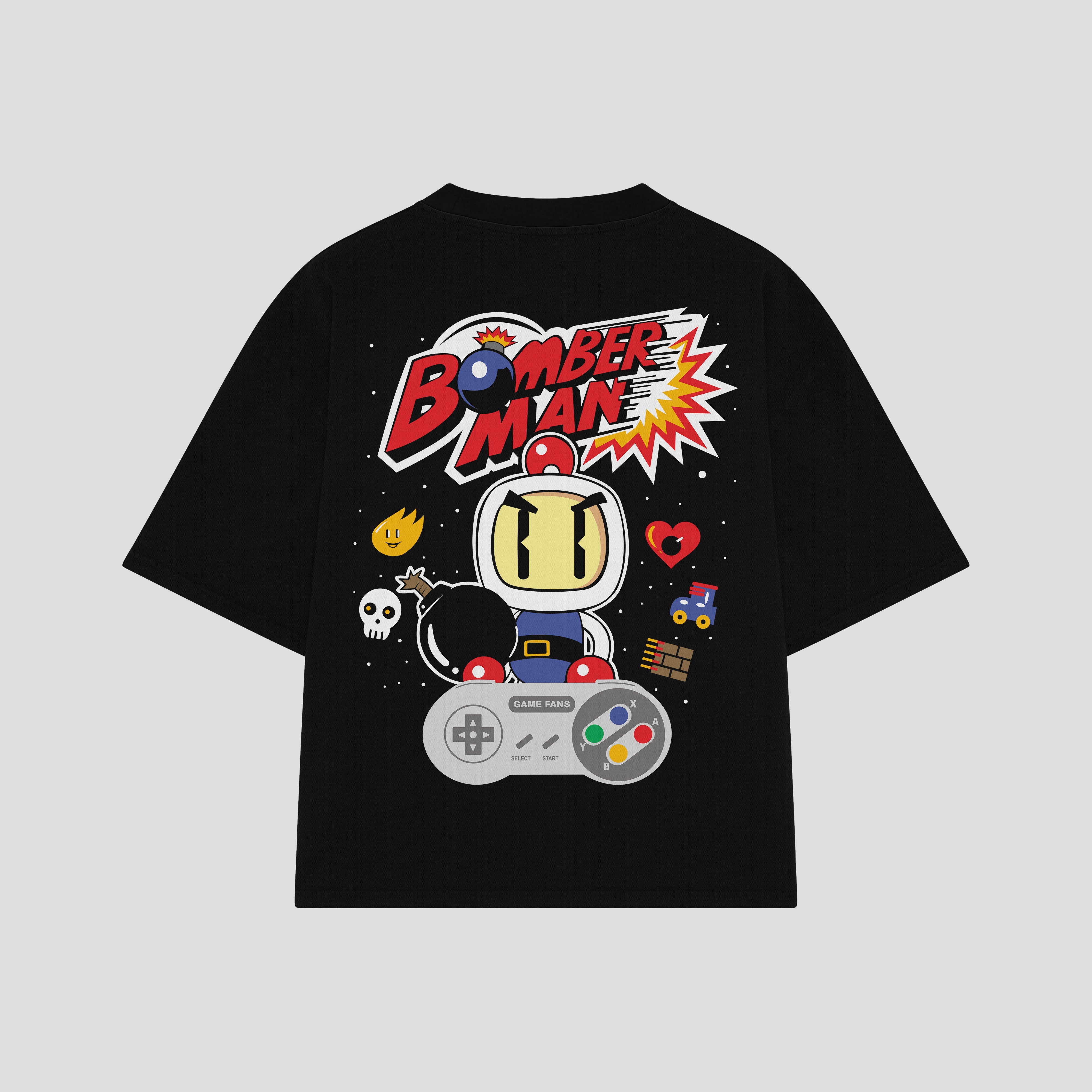 Playera streetwear premium de anime y gaming ExtraLife MX, corte boxy oversized drop shoulder heavyweight en color Deep Black y Off-White, moda urbana mexicana de culto.