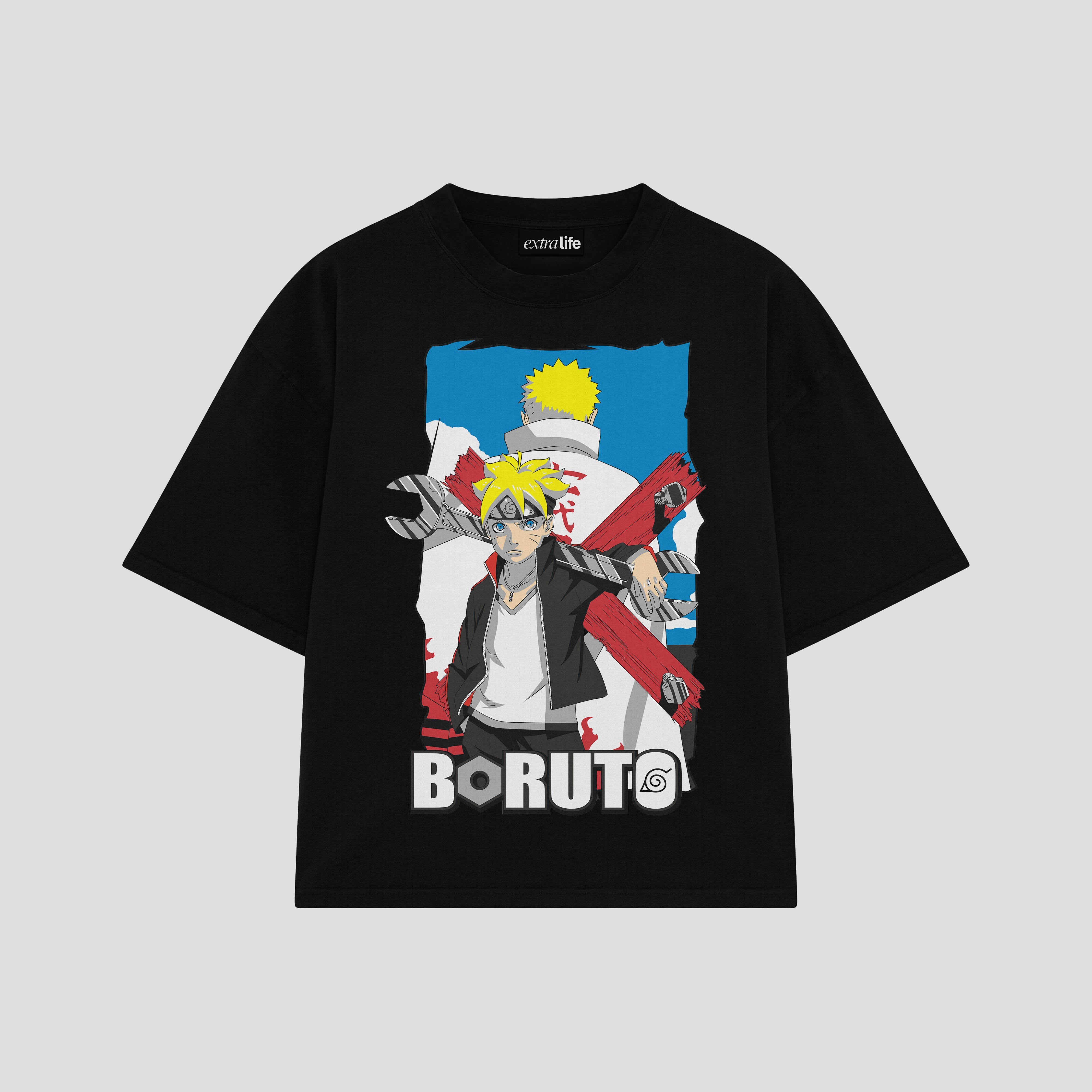 Playera streetwear premium de anime y gaming ExtraLife MX, corte boxy oversized drop shoulder heavyweight en color Deep Black y Off-White, moda urbana mexicana de culto.