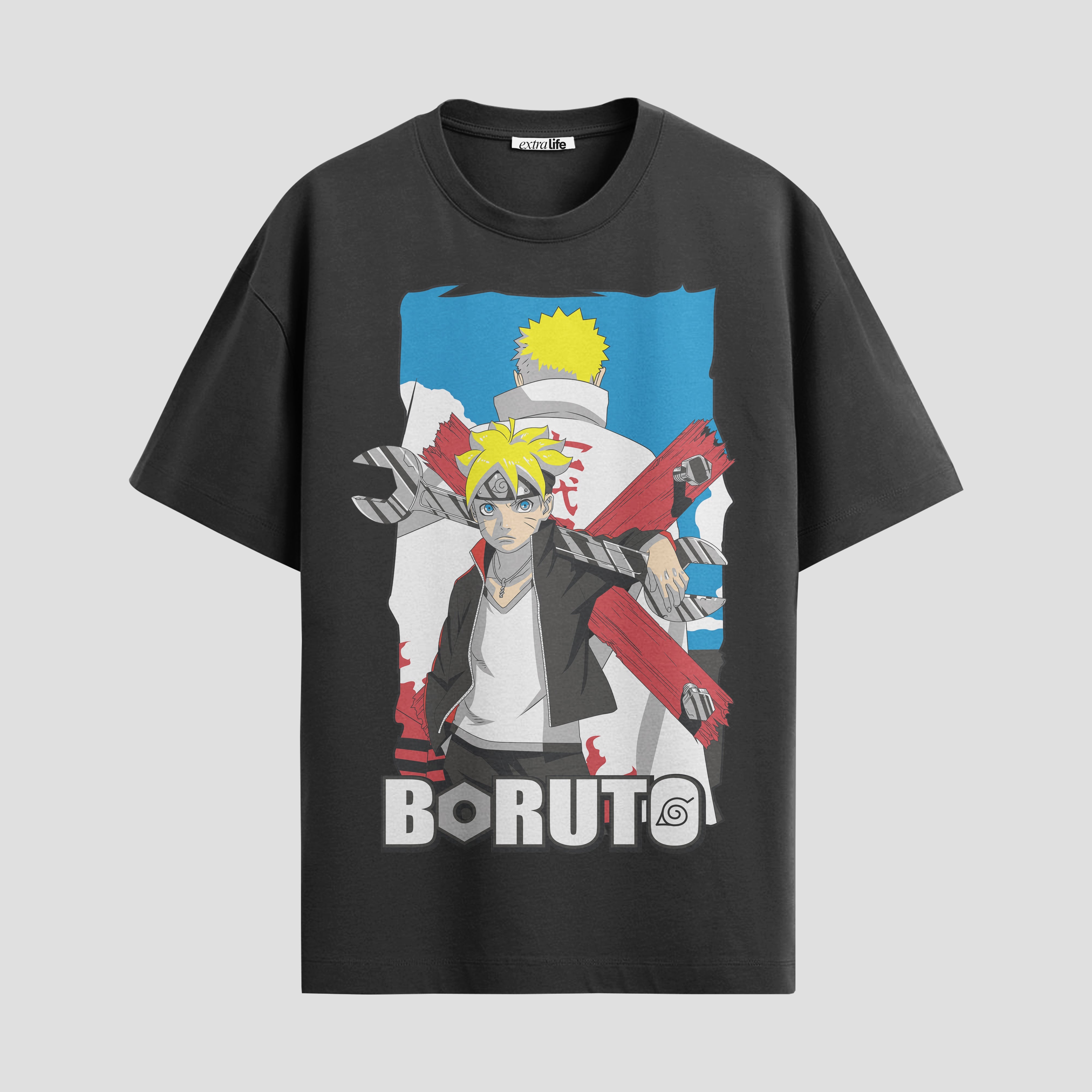 Playera urbana de anime y gaming ExtraLife MX, corte Standard Fit unisex ligero y transpirable en color Deep Black y Pure White, ropa de uso diario para gym y casual.