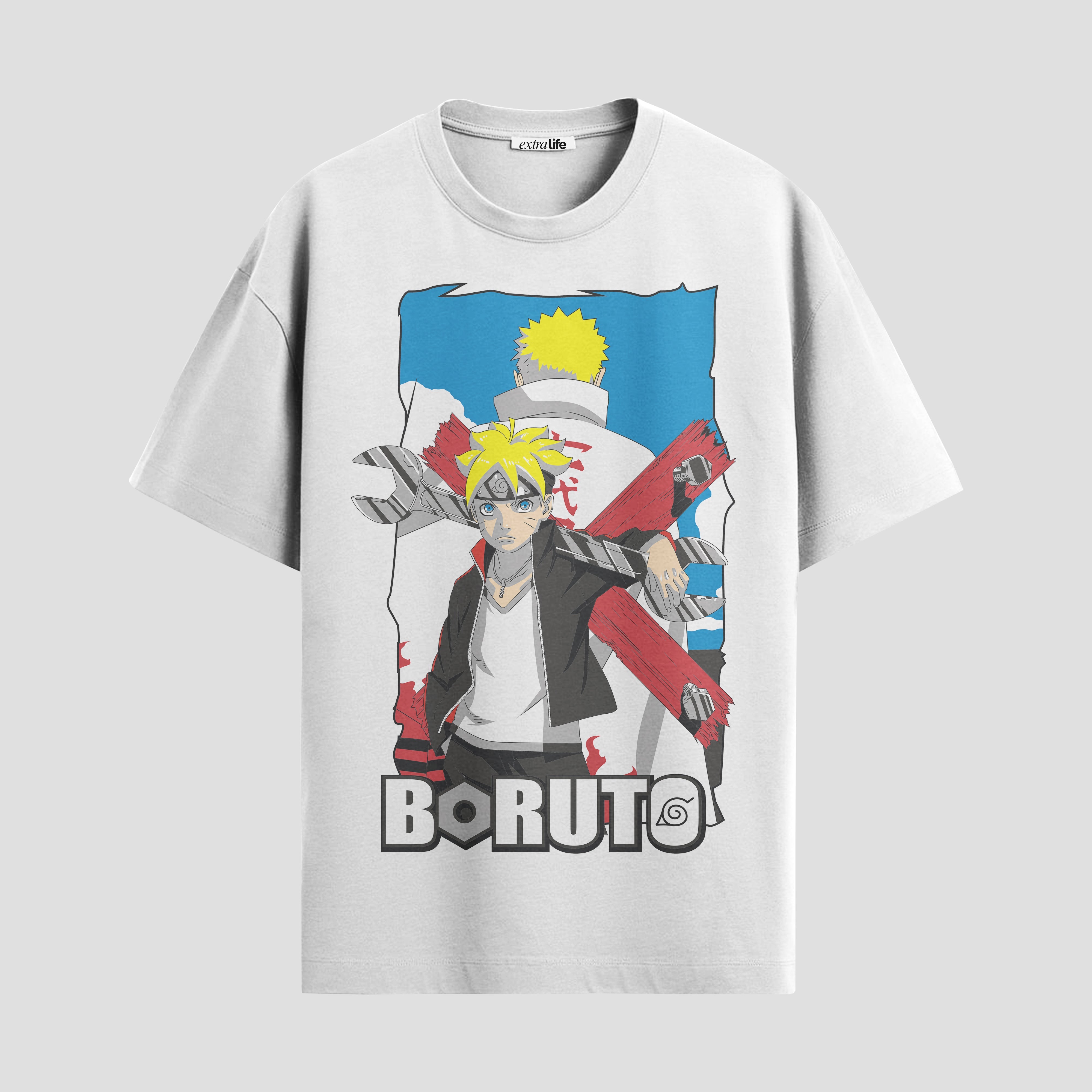 Playera urbana de anime y gaming ExtraLife MX, corte Standard Fit unisex ligero y transpirable en color Deep Black y Pure White, ropa de uso diario para gym y casual.