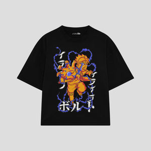 Playera streetwear premium de anime y gaming ExtraLife MX, corte boxy oversized drop shoulder heavyweight en color Deep Black y Off-White, moda urbana mexicana de culto.
