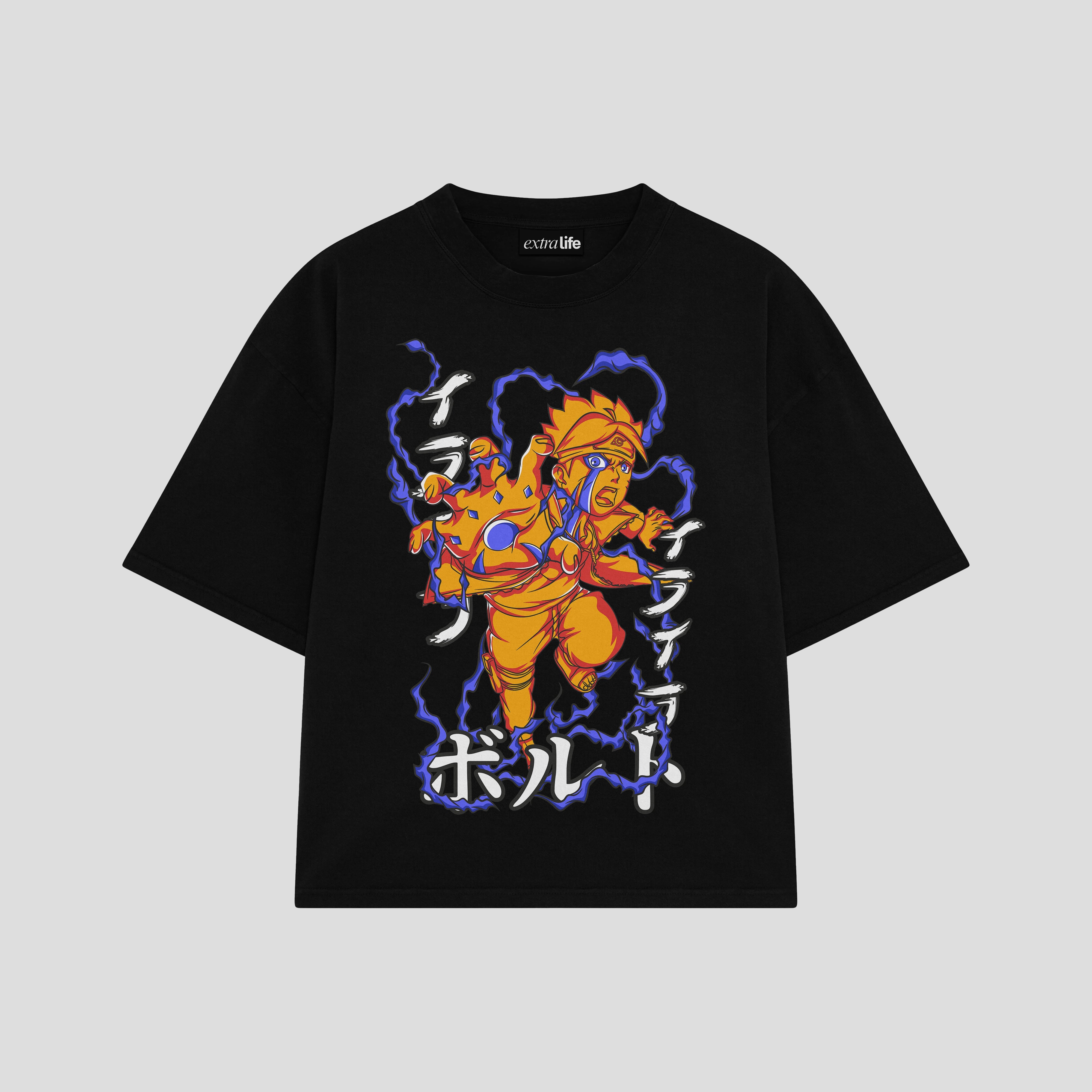 Playera streetwear premium de anime y gaming ExtraLife MX, corte boxy oversized drop shoulder heavyweight en color Deep Black y Off-White, moda urbana mexicana de culto.