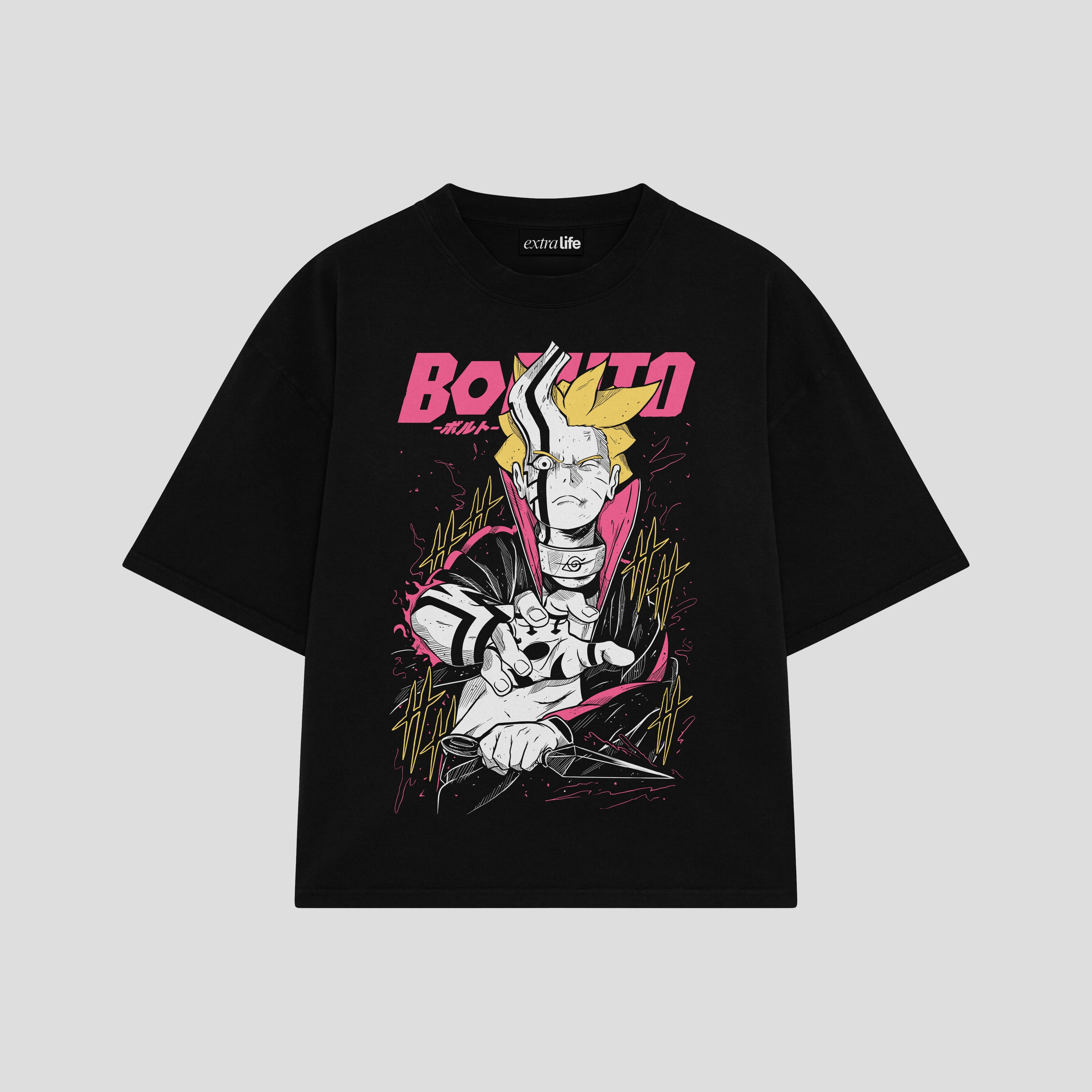 Playera streetwear premium de anime y gaming ExtraLife MX, corte boxy oversized drop shoulder heavyweight en color Deep Black y Off-White, moda urbana mexicana de culto.