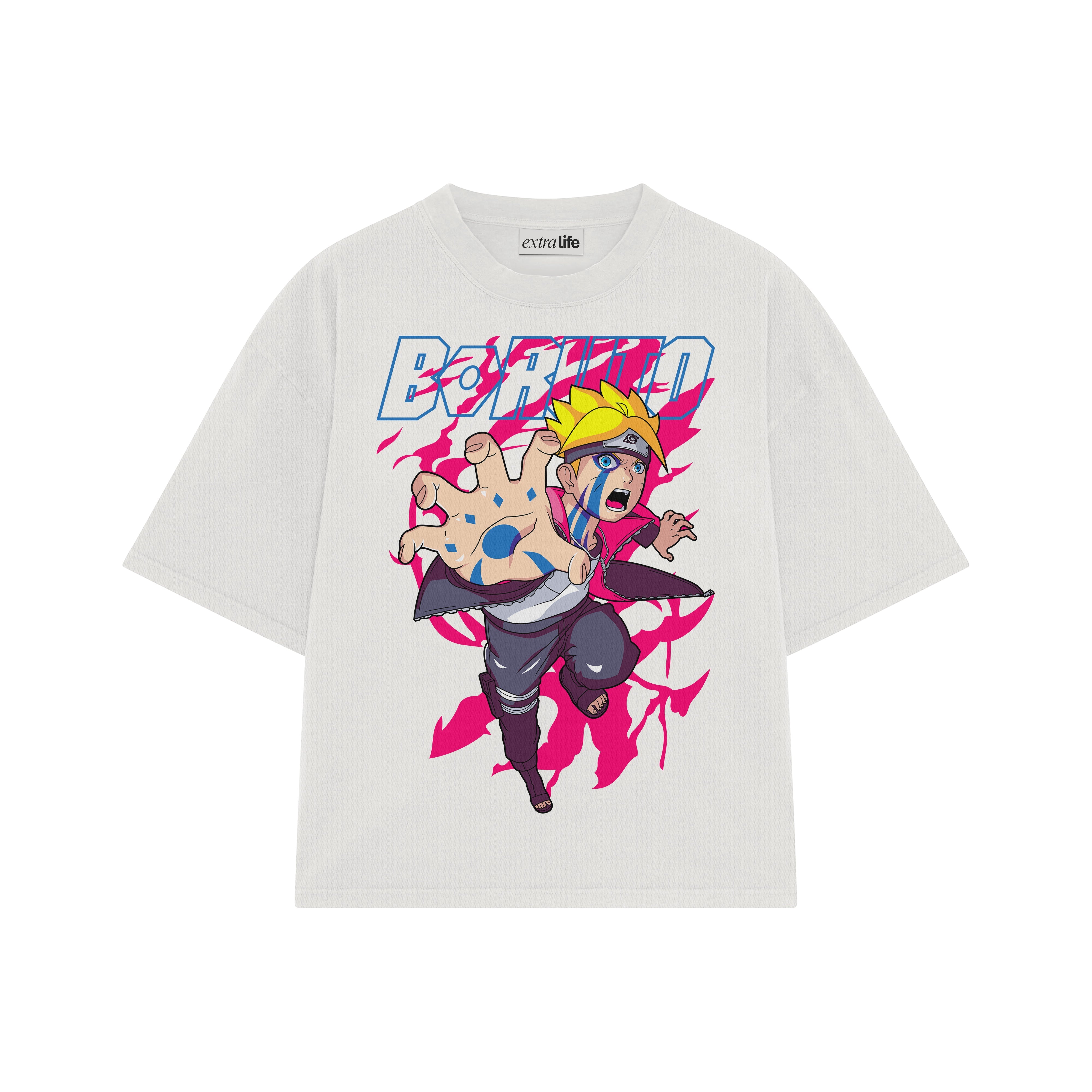 Playera streetwear premium de anime y gaming ExtraLife MX, corte boxy oversized drop shoulder heavyweight en color Deep Black y Off-White, moda urbana mexicana de culto.