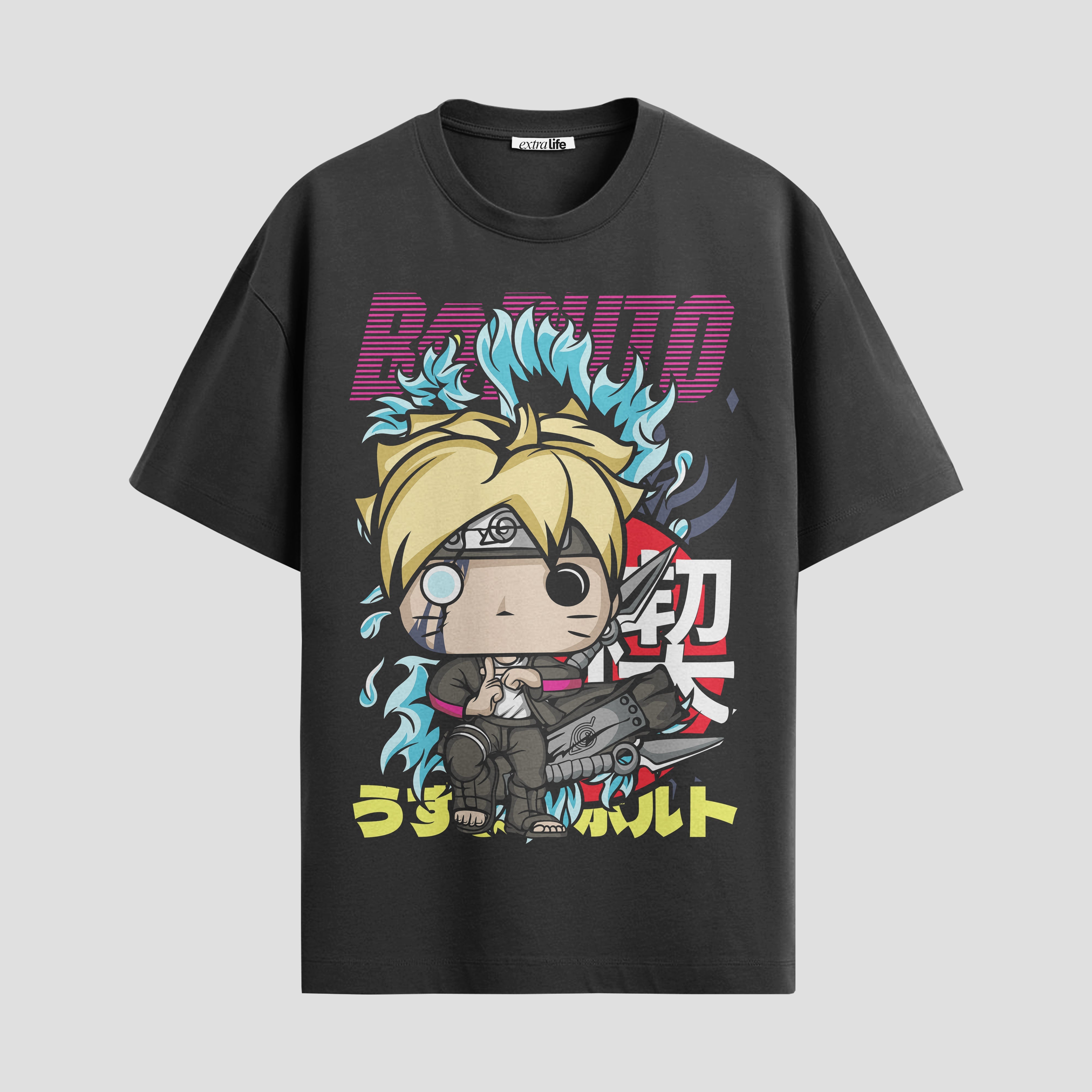 Playera urbana de anime y gaming ExtraLife MX, corte Standard Fit unisex ligero y transpirable en color Deep Black y Pure White, ropa de uso diario para gym y casual.