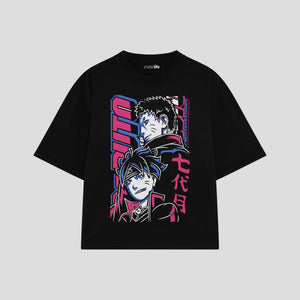 Playera streetwear premium de anime y gaming ExtraLife MX, corte boxy oversized drop shoulder heavyweight en color Deep Black y Off-White, moda urbana mexicana de culto.