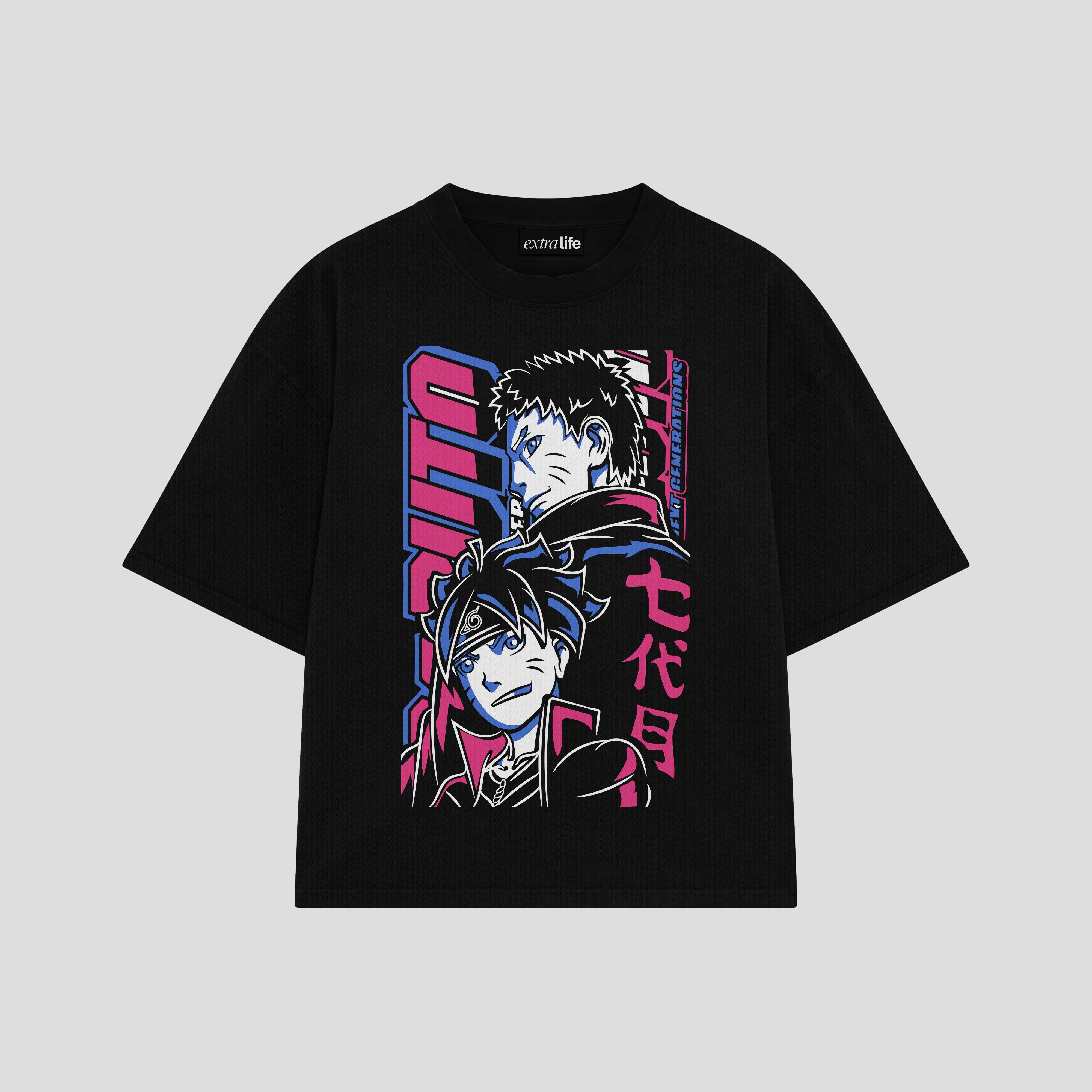 Playera streetwear premium de anime y gaming ExtraLife MX, corte boxy oversized drop shoulder heavyweight en color Deep Black y Off-White, moda urbana mexicana de culto.