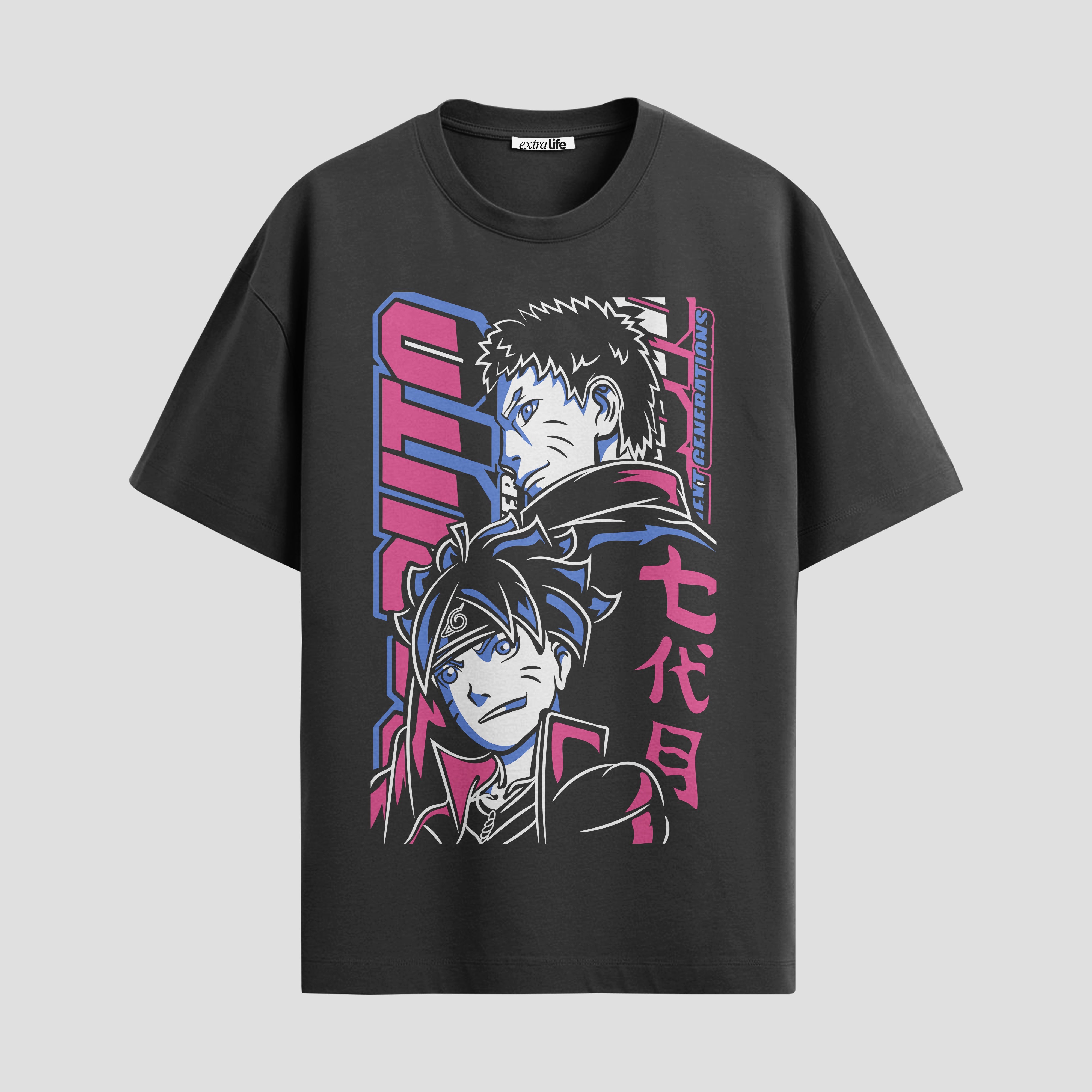 Playera urbana de anime y gaming ExtraLife MX, corte Standard Fit unisex ligero y transpirable en color Deep Black y Pure White, ropa de uso diario para gym y casual.