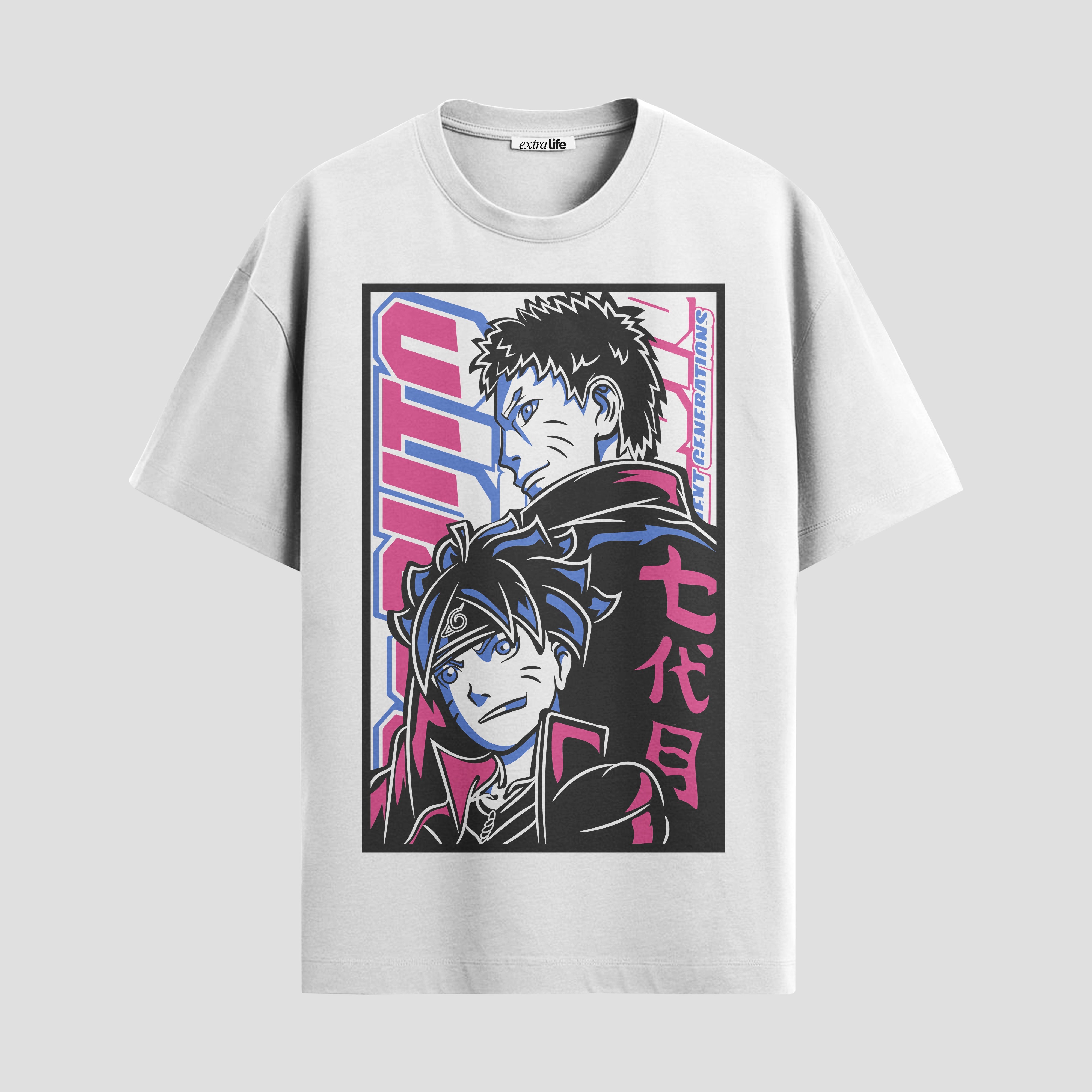 Playera urbana de anime y gaming ExtraLife MX, corte Standard Fit unisex ligero y transpirable en color Deep Black y Pure White, ropa de uso diario para gym y casual.