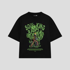 Playera streetwear premium de anime y gaming ExtraLife MX, corte boxy oversized drop shoulder heavyweight en color Deep Black y Off-White, moda urbana mexicana de culto.