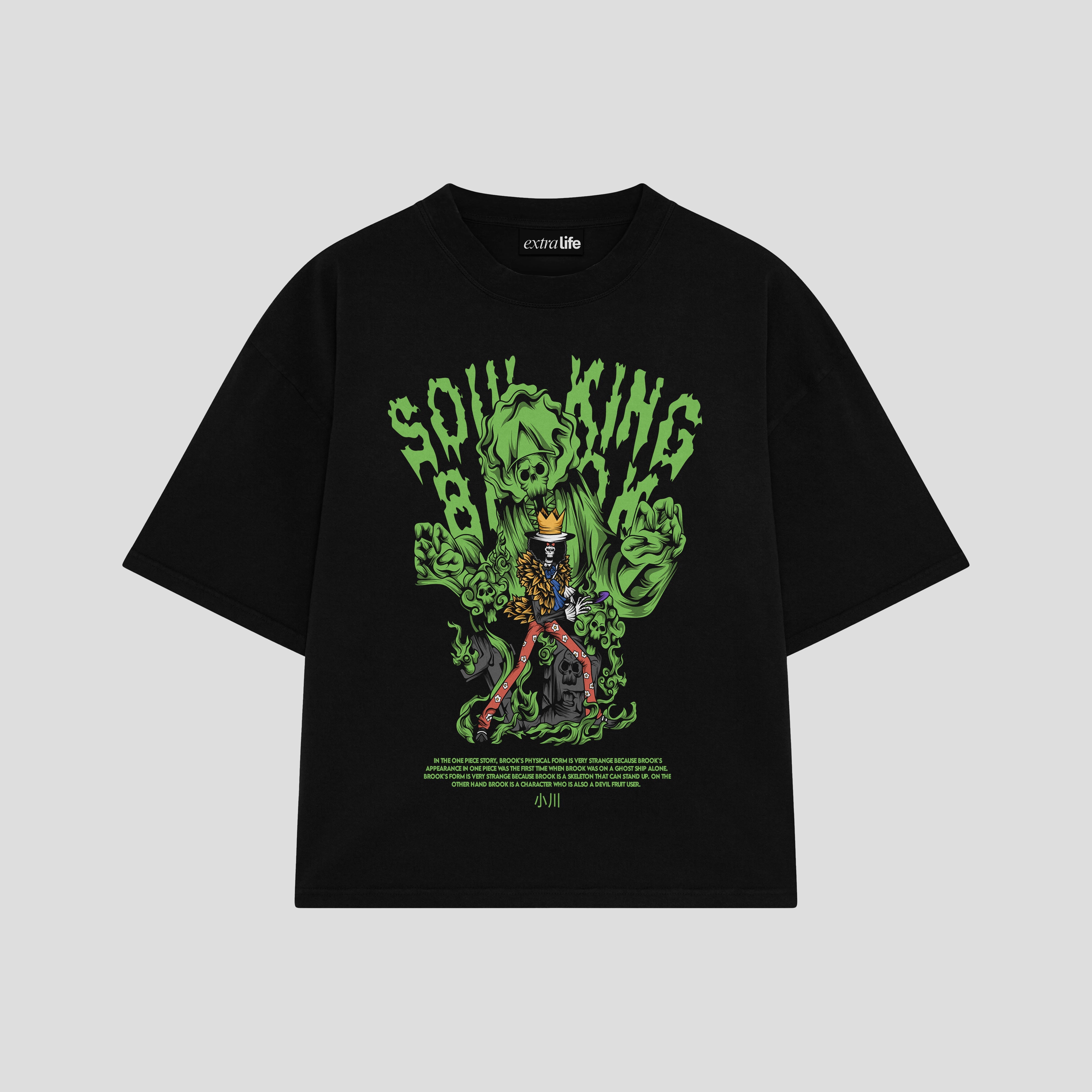 Playera streetwear premium de anime y gaming ExtraLife MX, corte boxy oversized drop shoulder heavyweight en color Deep Black y Off-White, moda urbana mexicana de culto.