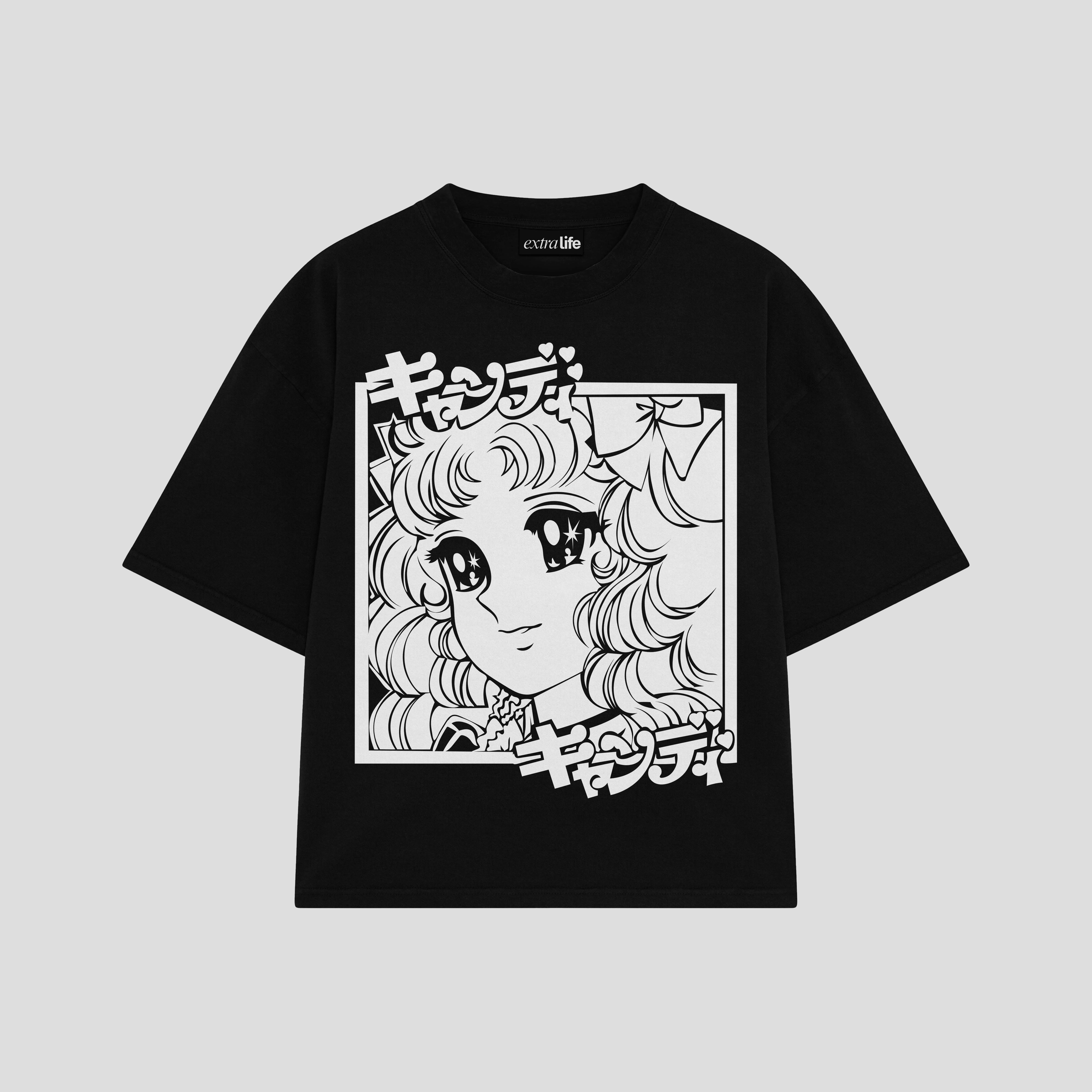 Playera streetwear premium de anime y gaming ExtraLife MX, corte boxy oversized drop shoulder heavyweight en color Deep Black y Off-White, moda urbana mexicana de culto.
