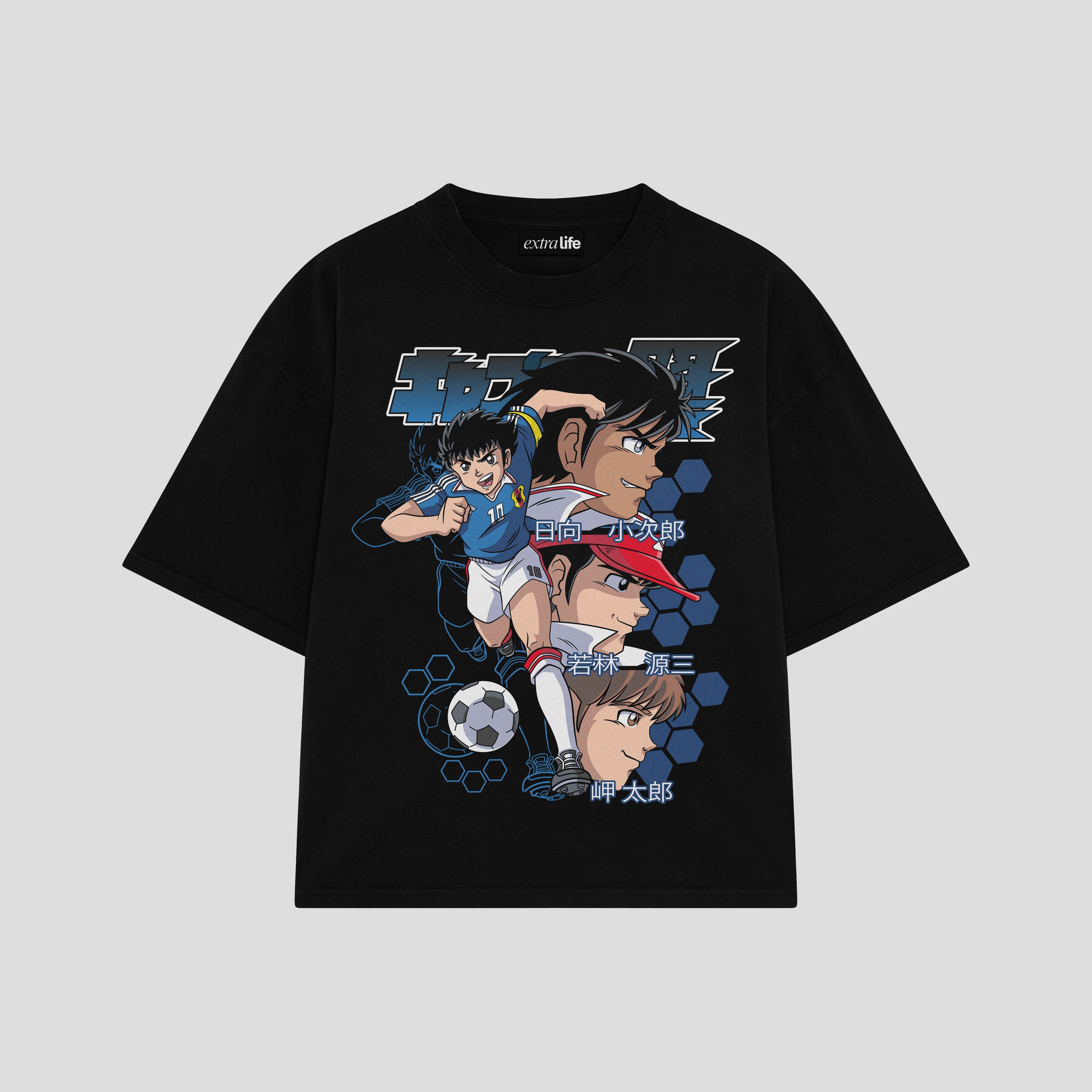 Playera streetwear premium de anime y gaming ExtraLife MX, corte boxy oversized drop shoulder heavyweight en color Deep Black y Off-White, moda urbana mexicana de culto.