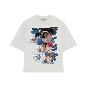 Playera streetwear premium de anime y gaming ExtraLife MX, corte boxy oversized drop shoulder heavyweight en color Deep Black y Off-White, moda urbana mexicana de culto.