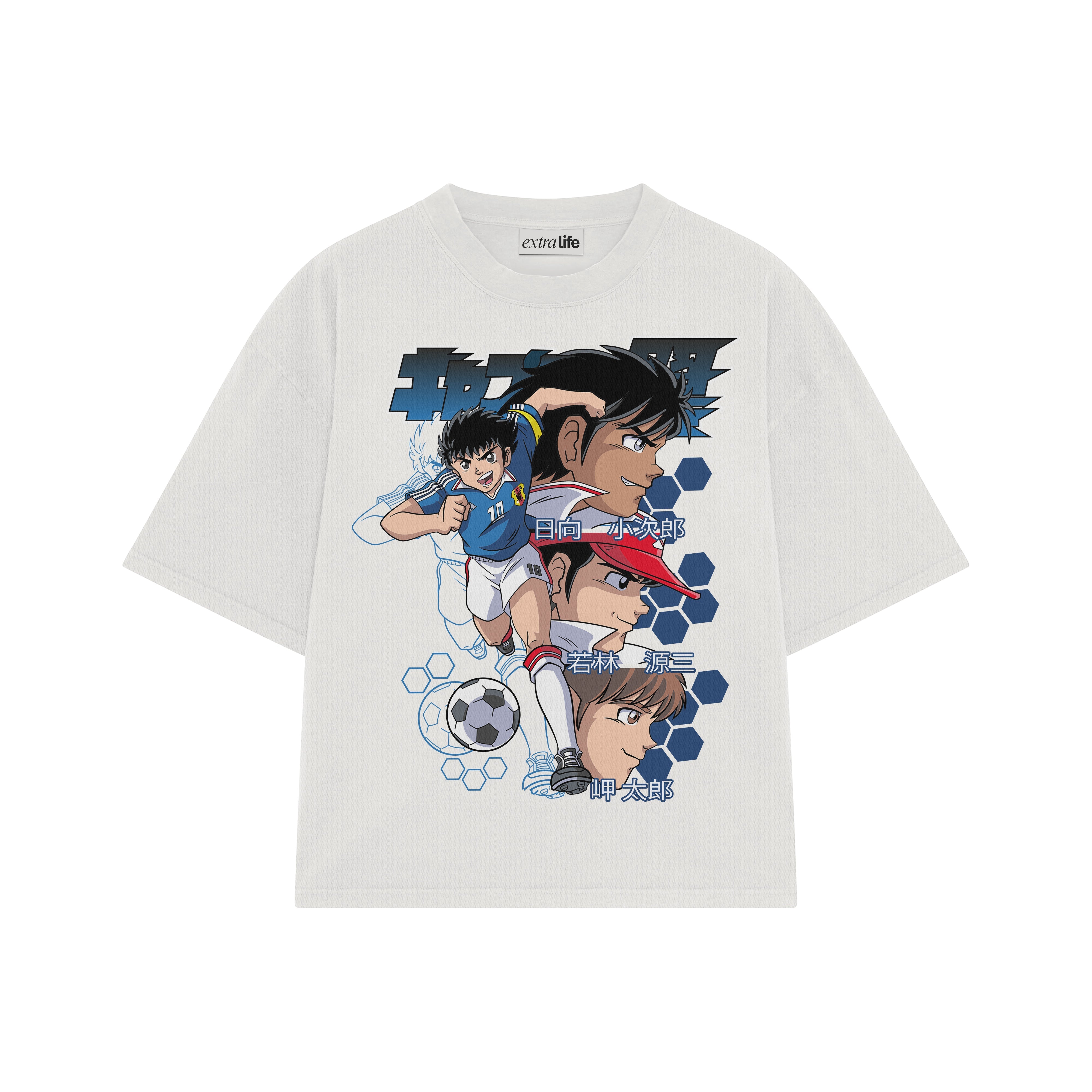 Playera streetwear premium de anime y gaming ExtraLife MX, corte boxy oversized drop shoulder heavyweight en color Deep Black y Off-White, moda urbana mexicana de culto.
