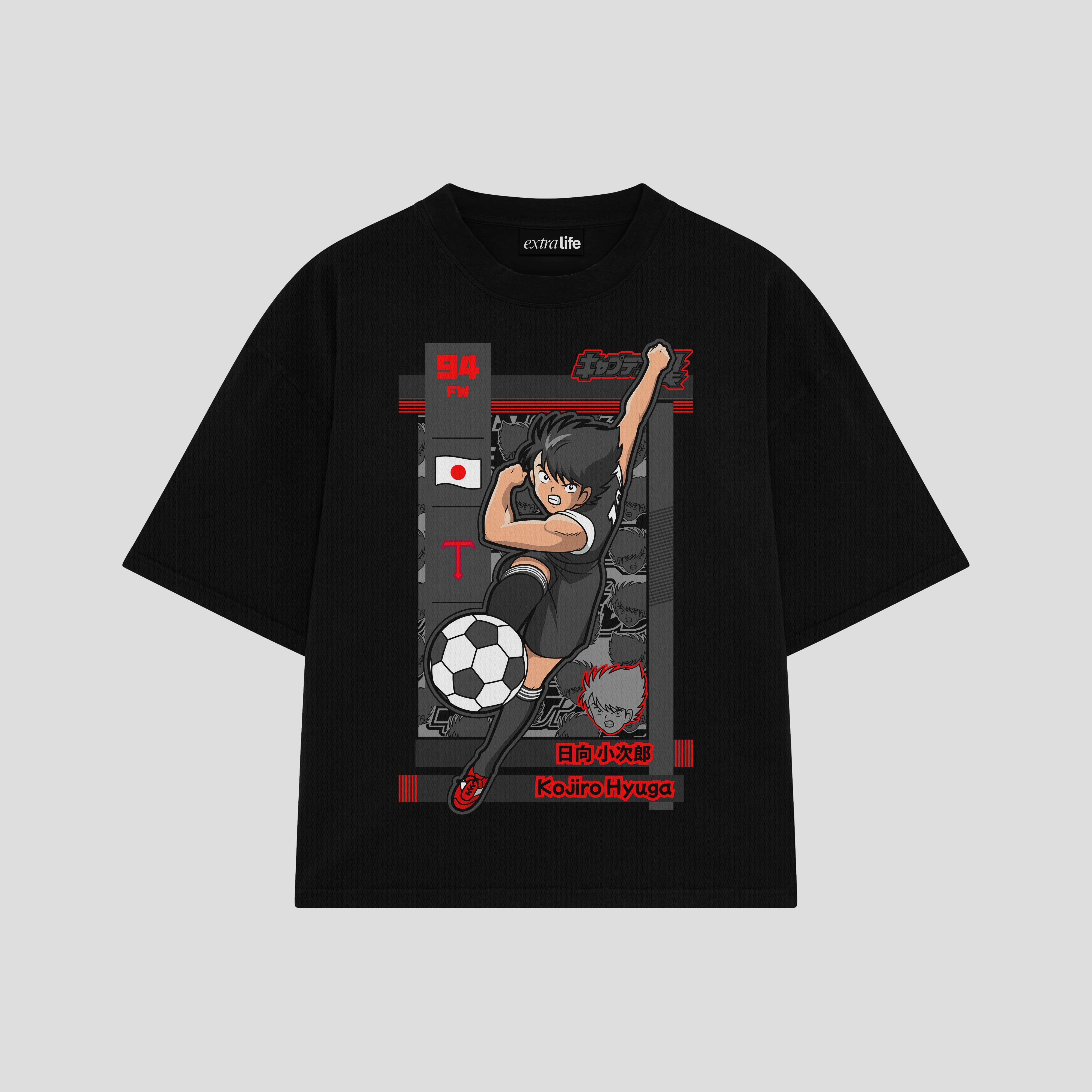 Playera streetwear premium de anime y gaming ExtraLife MX, corte boxy oversized drop shoulder heavyweight en color Deep Black y Off-White, moda urbana mexicana de culto.