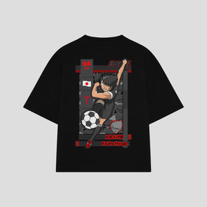 Playera streetwear premium de anime y gaming ExtraLife MX, corte boxy oversized drop shoulder heavyweight en color Deep Black y Off-White, moda urbana mexicana de culto.