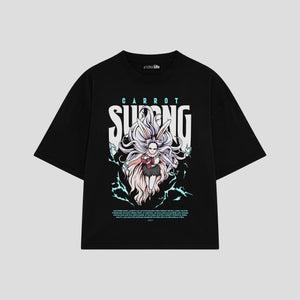 Playera streetwear premium de anime y gaming ExtraLife MX, corte boxy oversized drop shoulder heavyweight en color Deep Black y Off-White, moda urbana mexicana de culto.