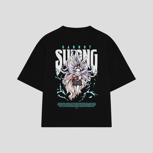 Playera streetwear premium de anime y gaming ExtraLife MX, corte boxy oversized drop shoulder heavyweight en color Deep Black y Off-White, moda urbana mexicana de culto.