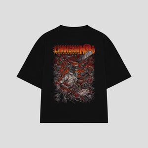 Playera streetwear premium de anime y gaming ExtraLife MX, corte boxy oversized drop shoulder heavyweight en color Deep Black y Off-White, moda urbana mexicana de culto.