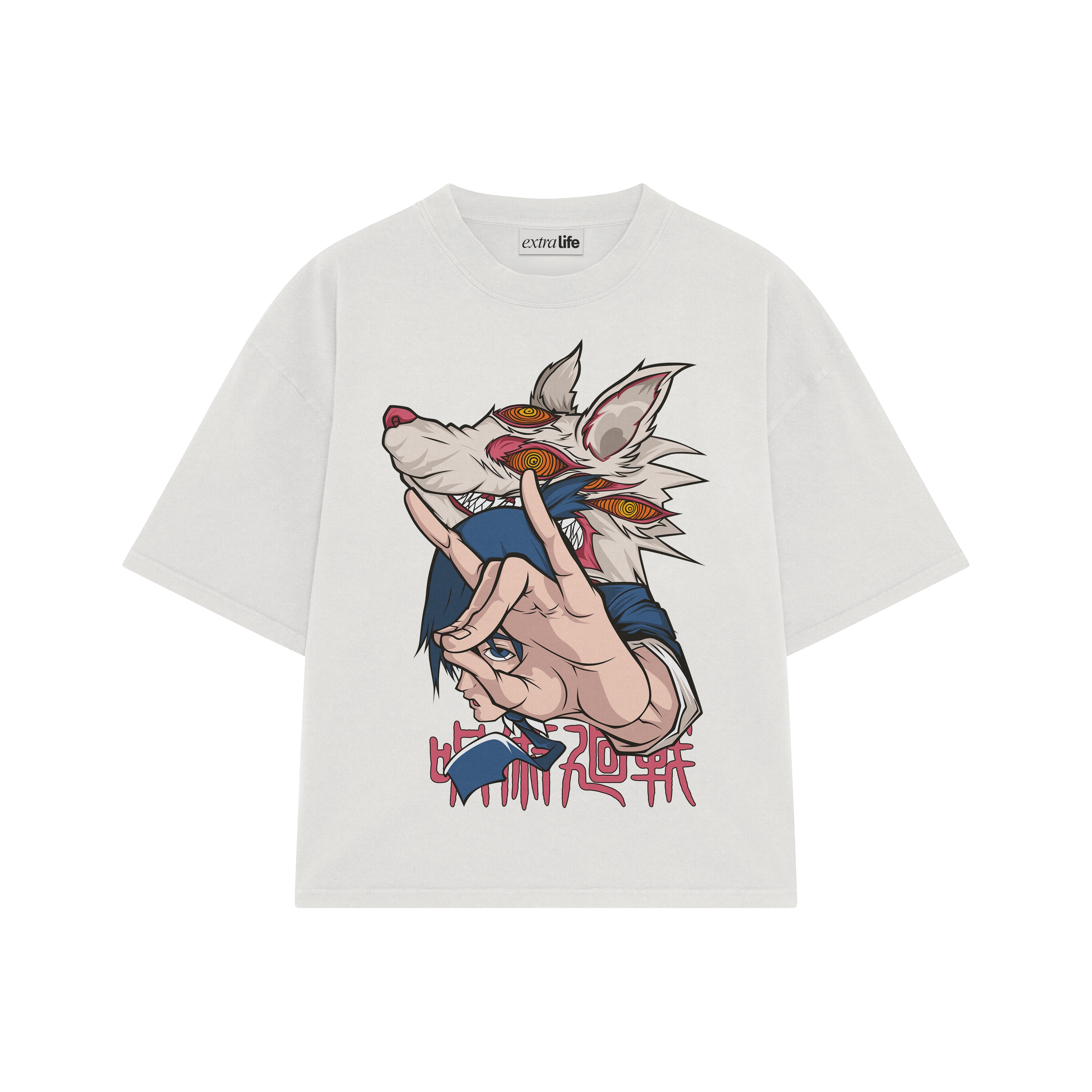 Playera streetwear premium de anime y gaming ExtraLife MX, corte boxy oversized drop shoulder heavyweight en color Deep Black y Off-White, moda urbana mexicana de culto.