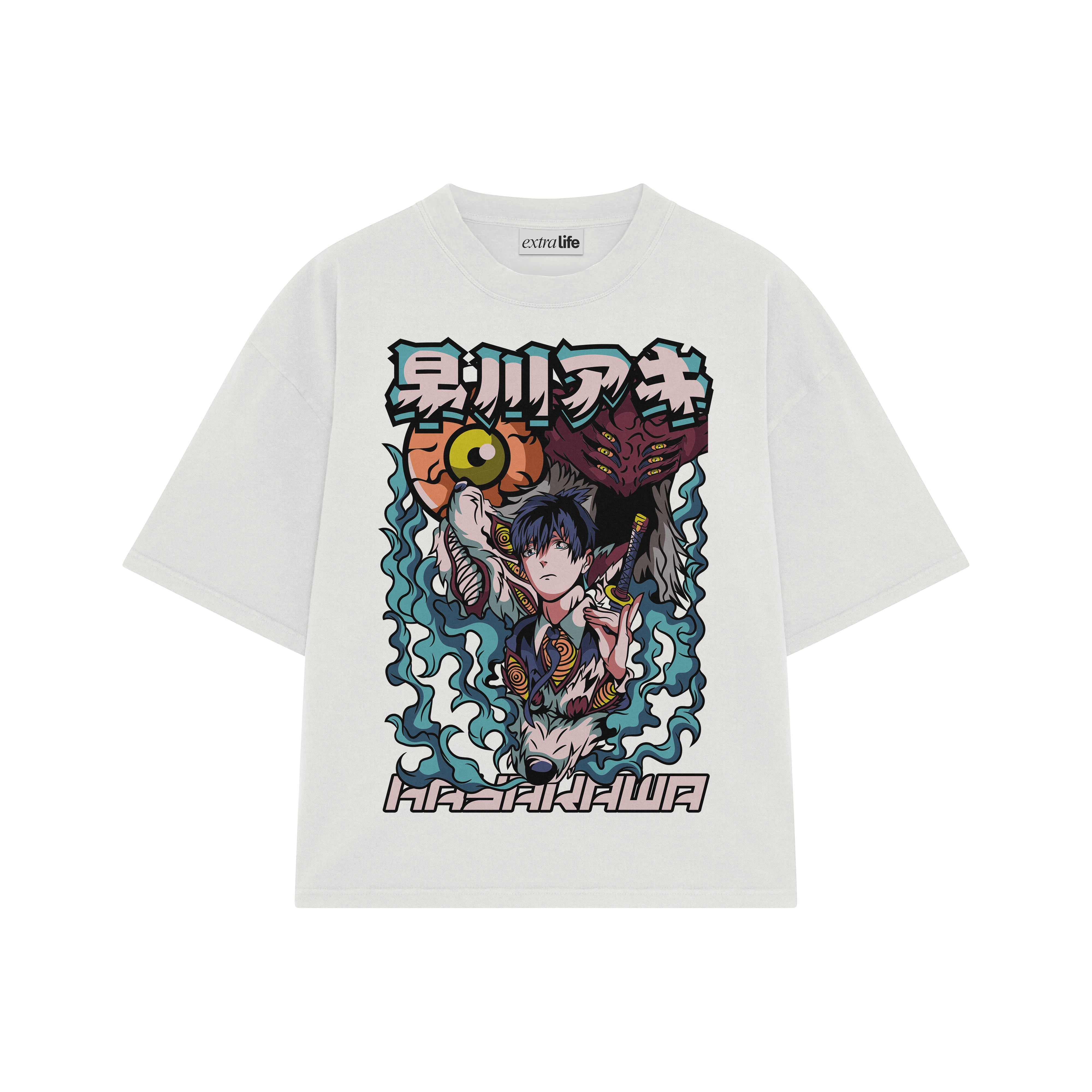 Playera streetwear premium de anime y gaming ExtraLife MX, corte boxy oversized drop shoulder heavyweight en color Deep Black y Off-White, moda urbana mexicana de culto.