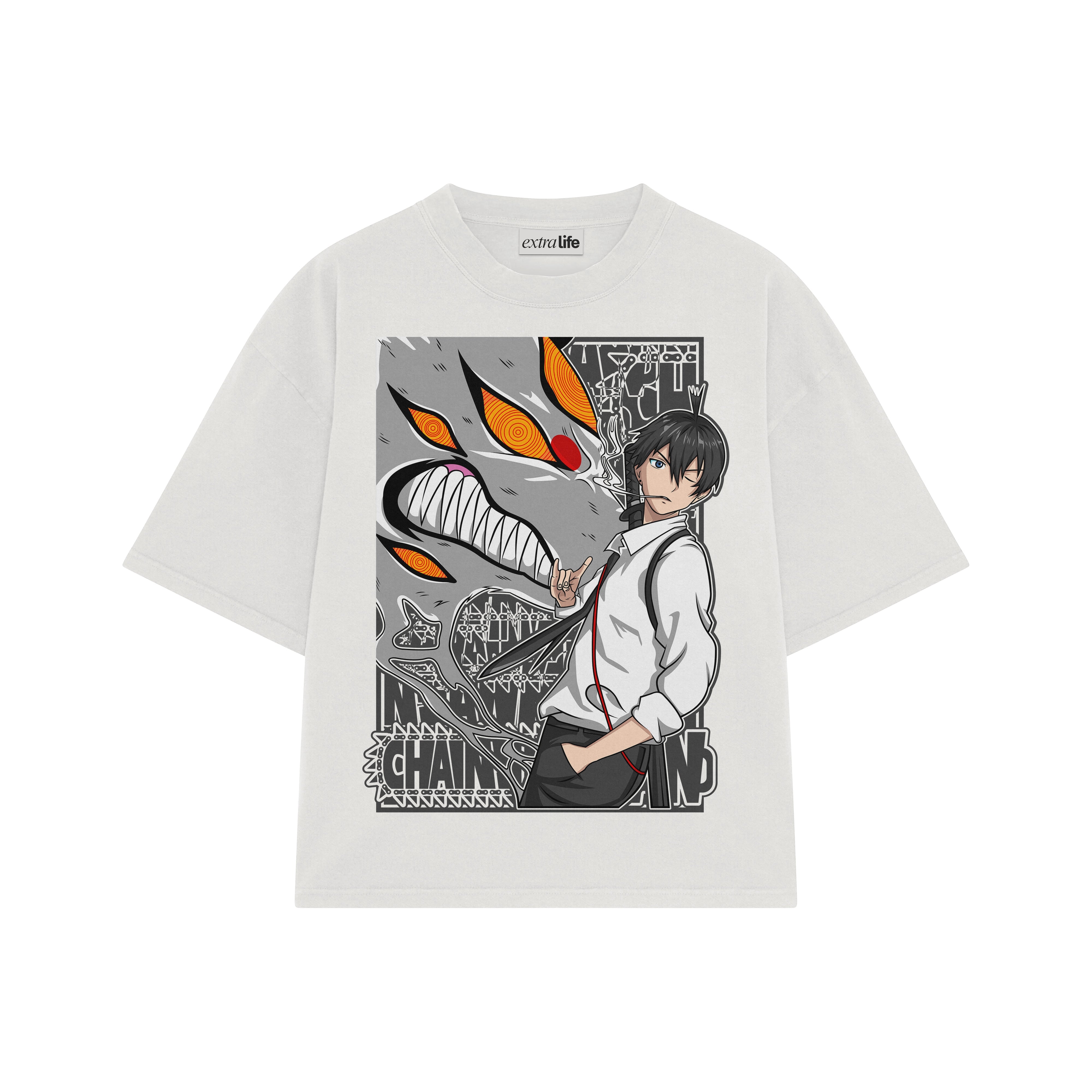 Playera streetwear premium de anime y gaming ExtraLife MX, corte boxy oversized drop shoulder heavyweight en color Deep Black y Off-White, moda urbana mexicana de culto.
