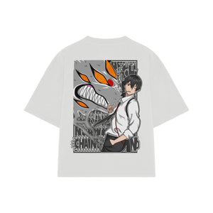 Playera streetwear premium de anime y gaming ExtraLife MX, corte boxy oversized drop shoulder heavyweight en color Deep Black y Off-White, moda urbana mexicana de culto.