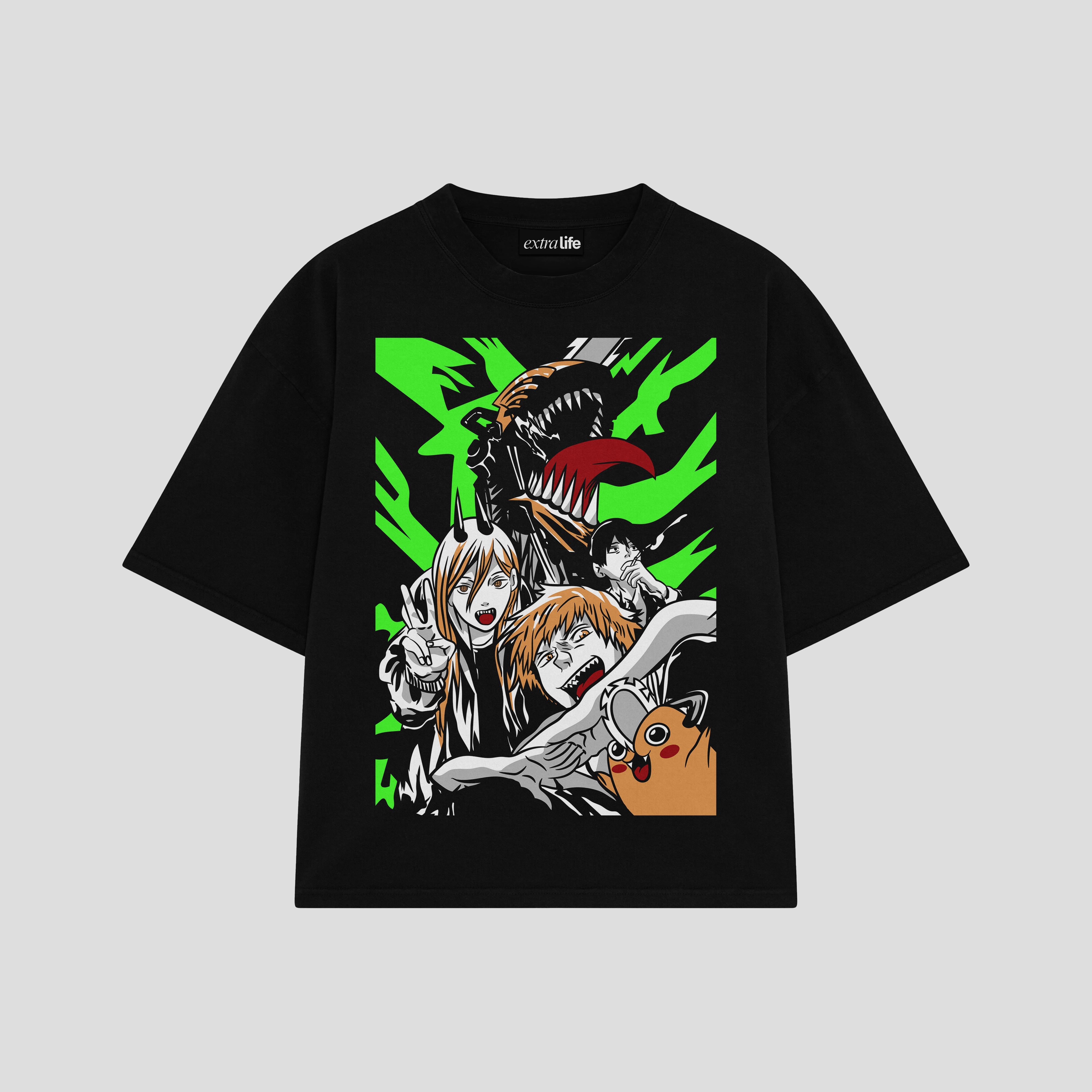 Playera streetwear premium de anime y gaming ExtraLife MX, corte boxy oversized drop shoulder heavyweight en color Deep Black y Off-White, moda urbana mexicana de culto.