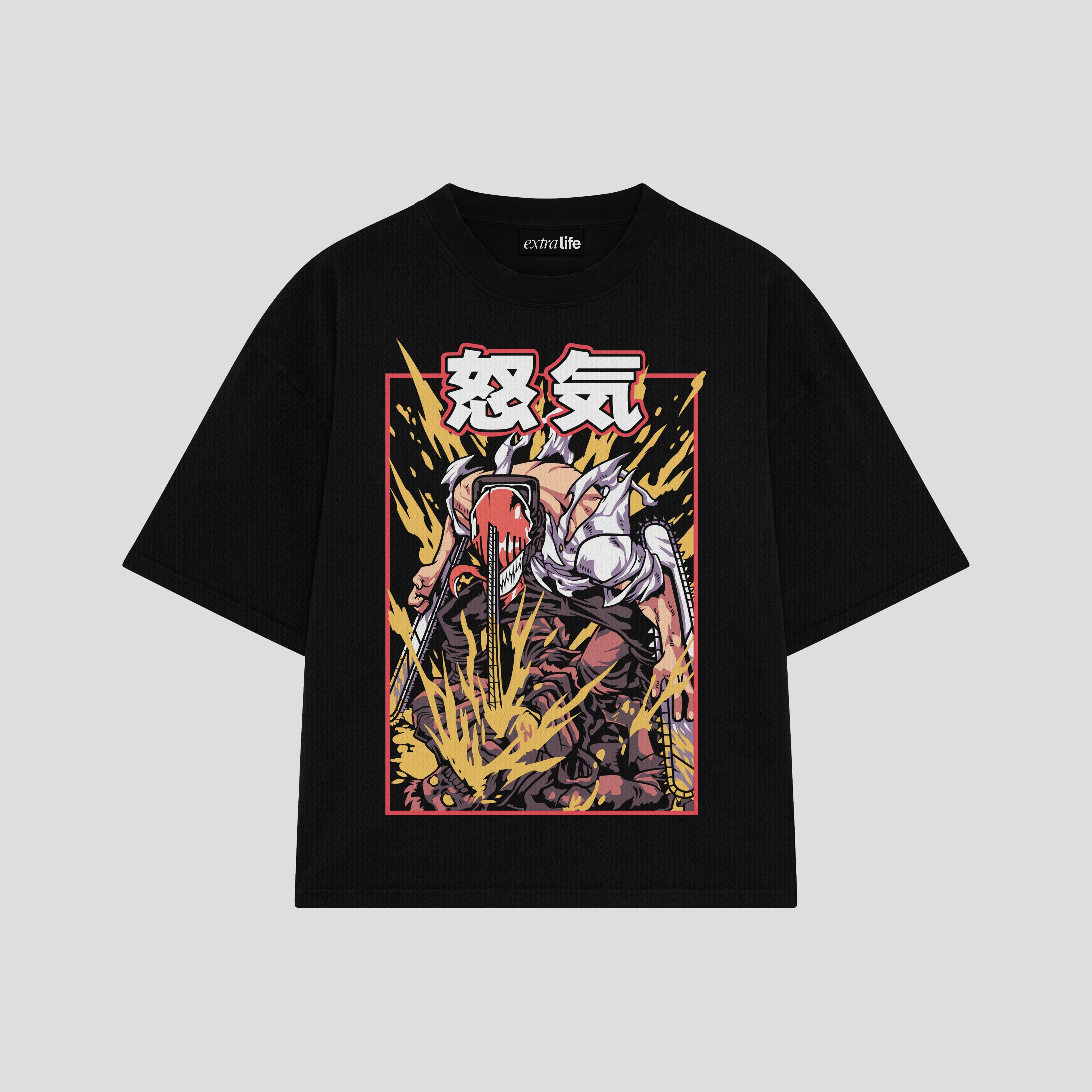 Playera streetwear premium de anime y gaming ExtraLife MX, corte boxy oversized drop shoulder heavyweight en color Deep Black y Off-White, moda urbana mexicana de culto.