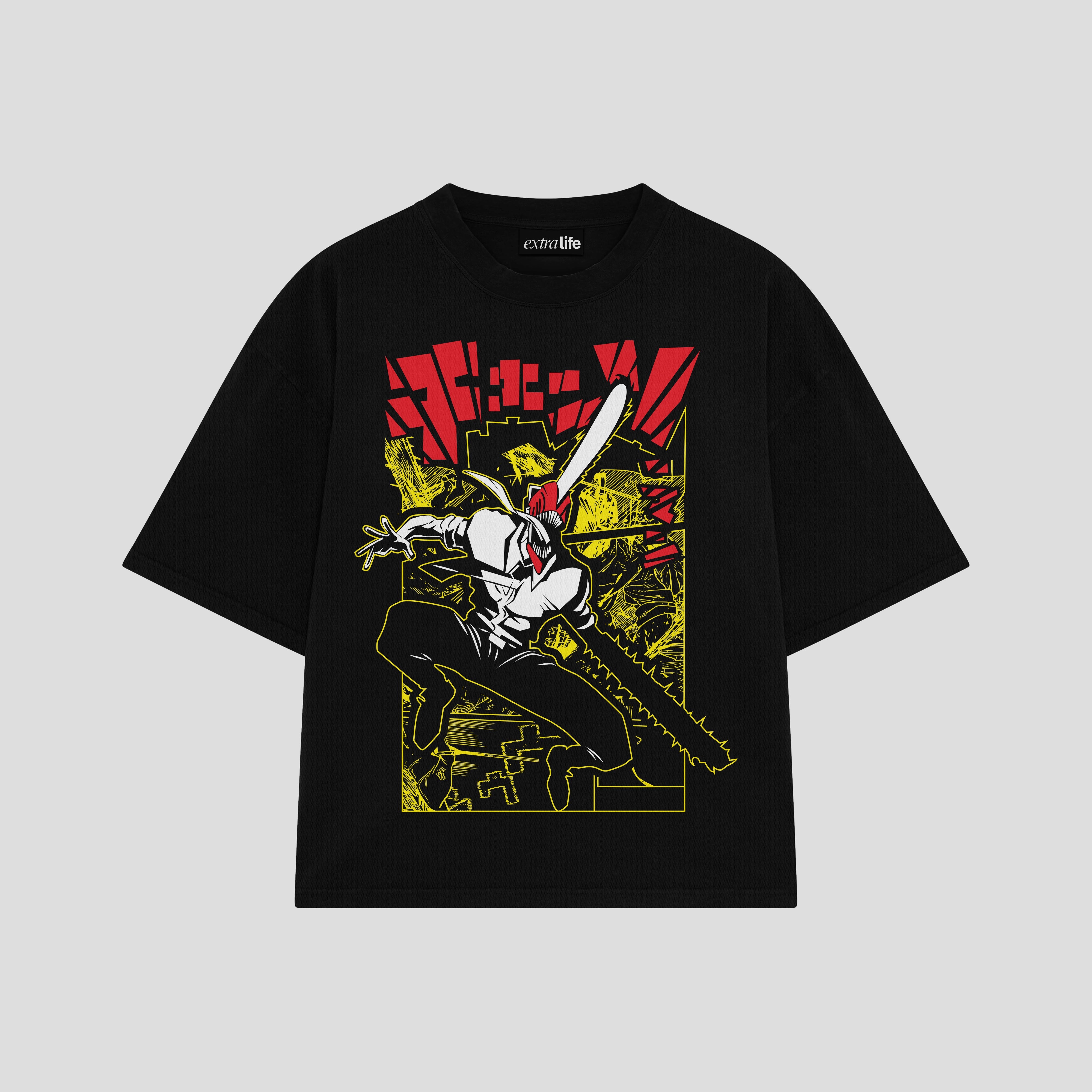 Playera streetwear premium de anime y gaming ExtraLife MX, corte boxy oversized drop shoulder heavyweight en color Deep Black y Off-White, moda urbana mexicana de culto.