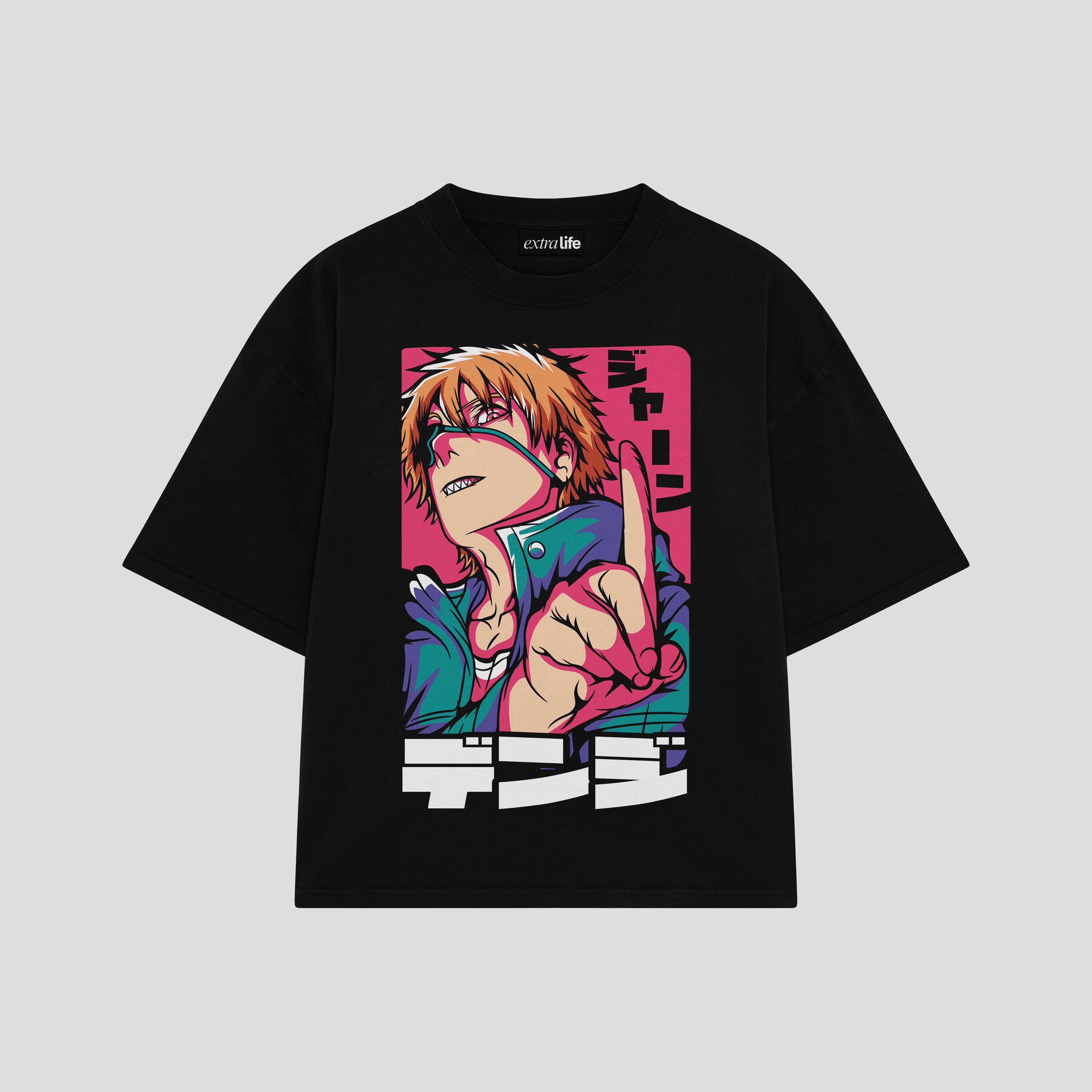Playera streetwear premium de anime y gaming ExtraLife MX, corte boxy oversized drop shoulder heavyweight en color Deep Black y Off-White, moda urbana mexicana de culto.